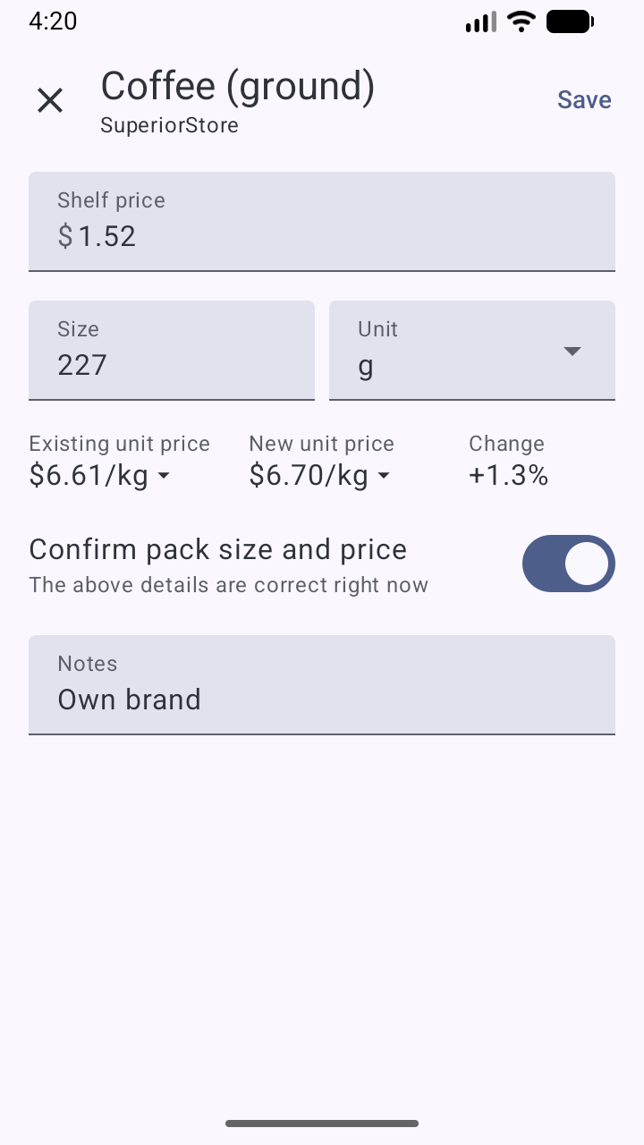 Screenshot of My Price Log