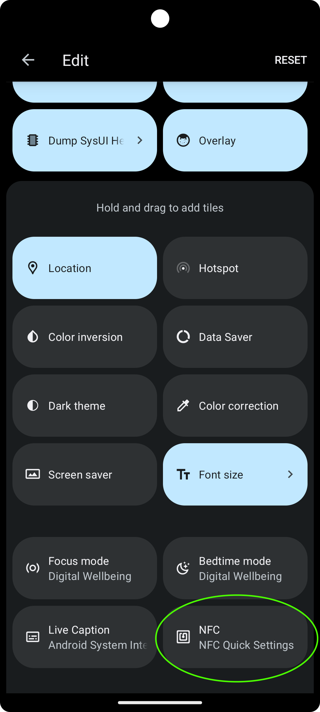 Screenshot of NFC Quick Settings