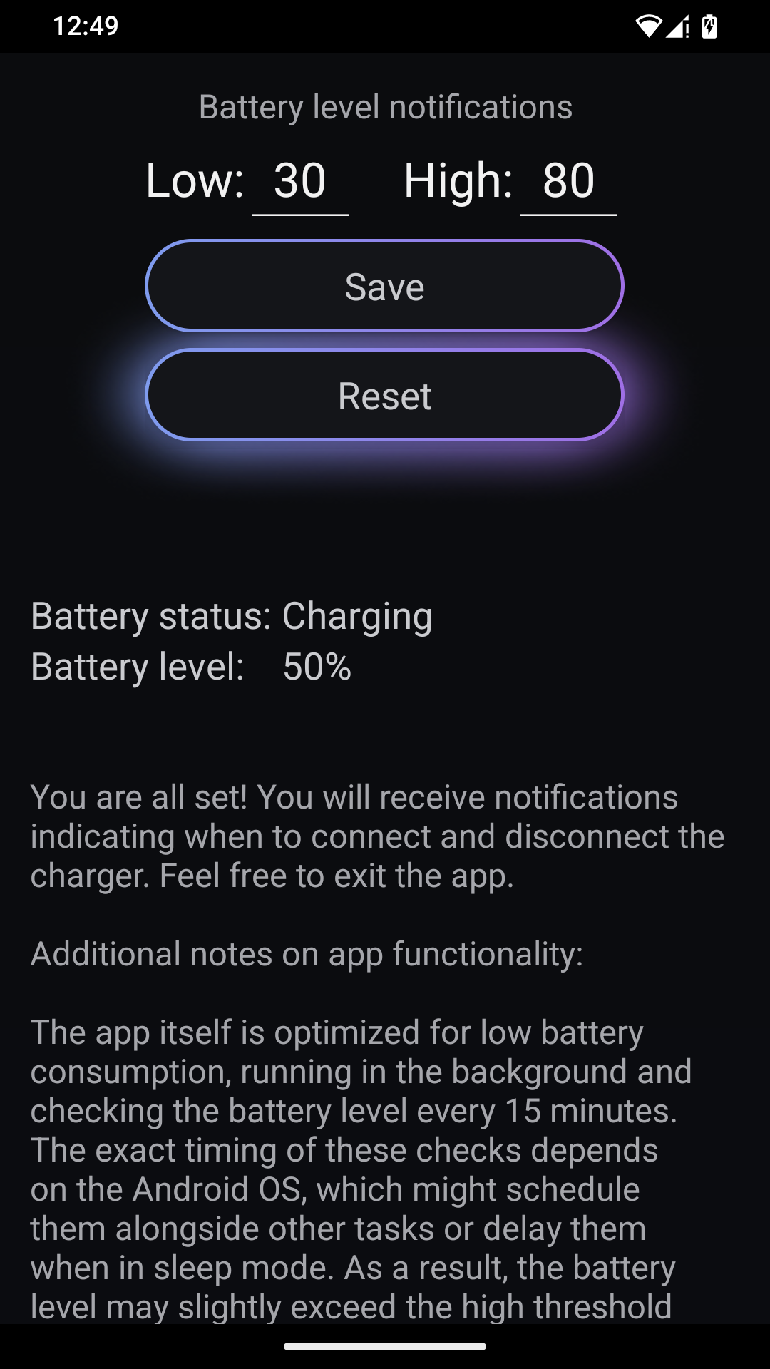 Screenshot of Healthy Battery Charging