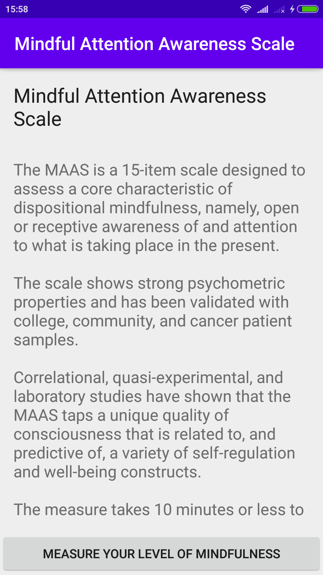 Screenshot of Mindful Attention Awareness Scale