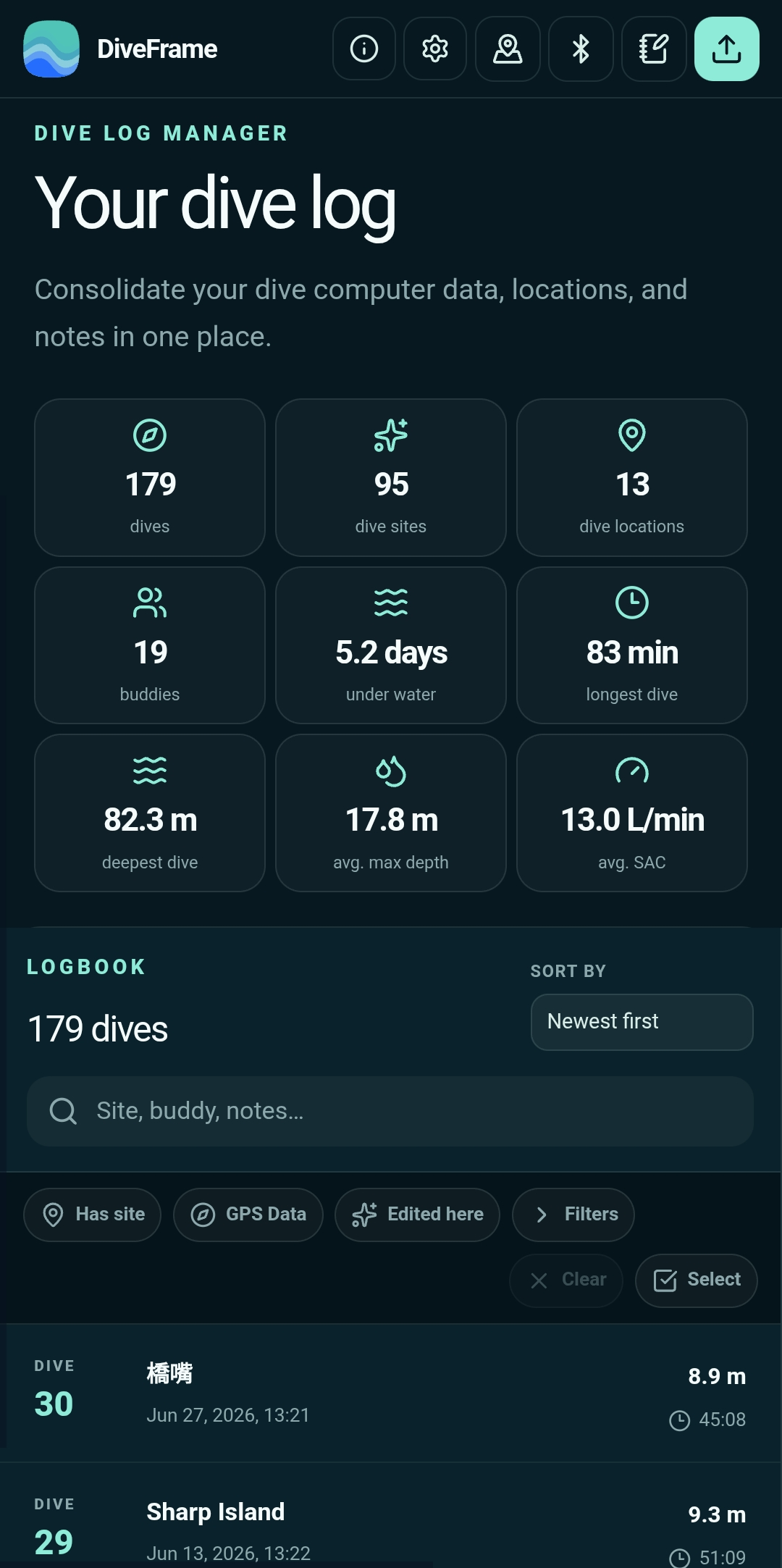 Screenshot of DiveFrame - Scuba Dive Logging App