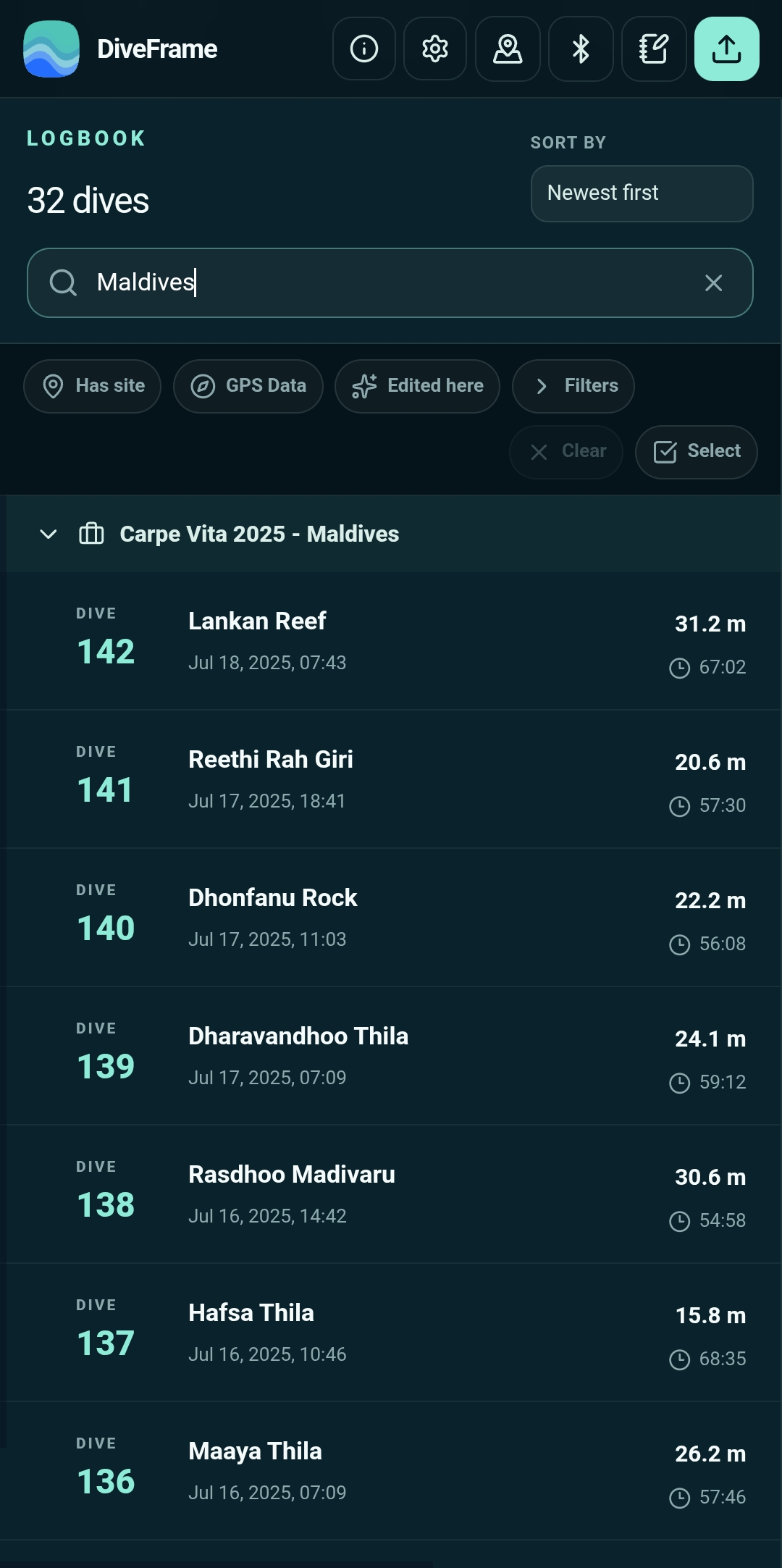 Screenshot of DiveFrame - Scuba Dive Logging App