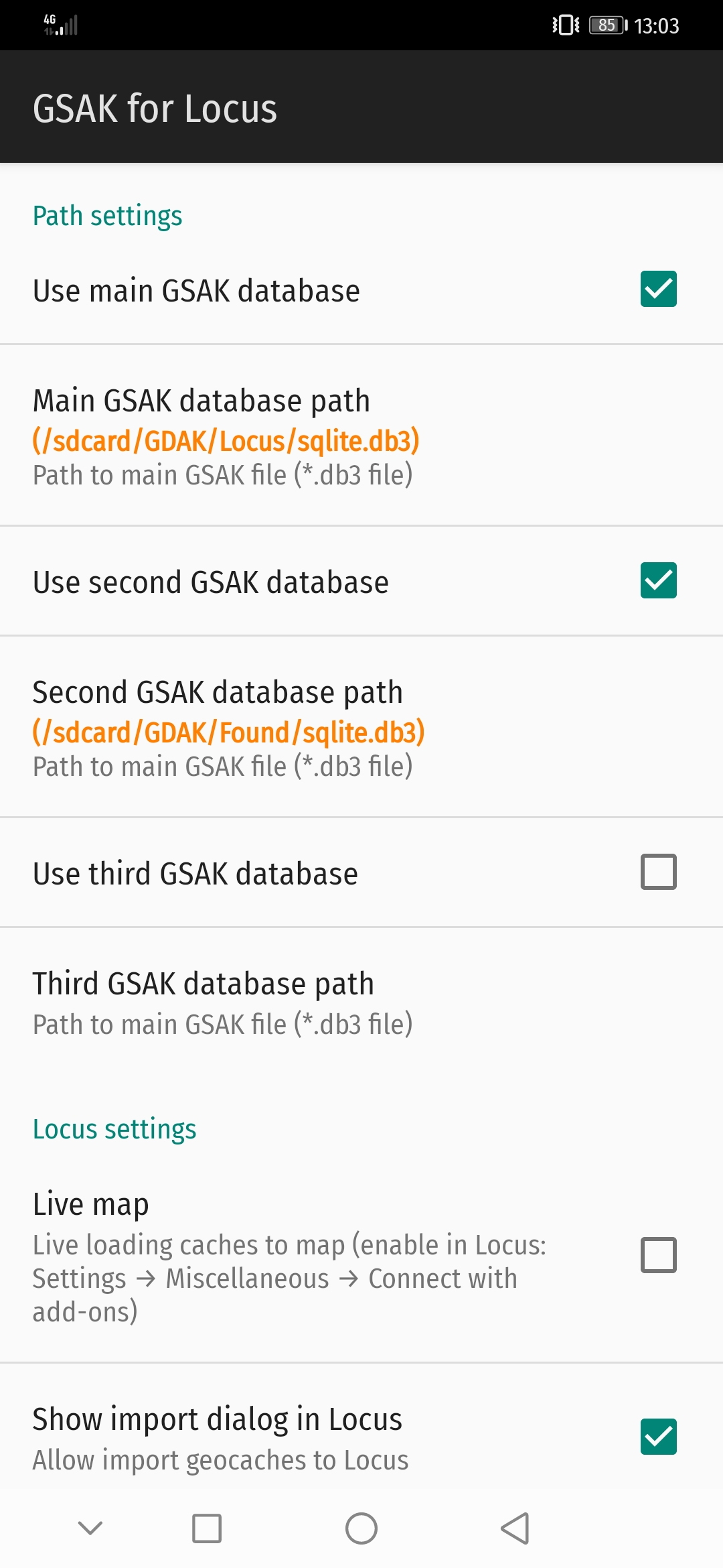 Screenshot of GSAK for Locus