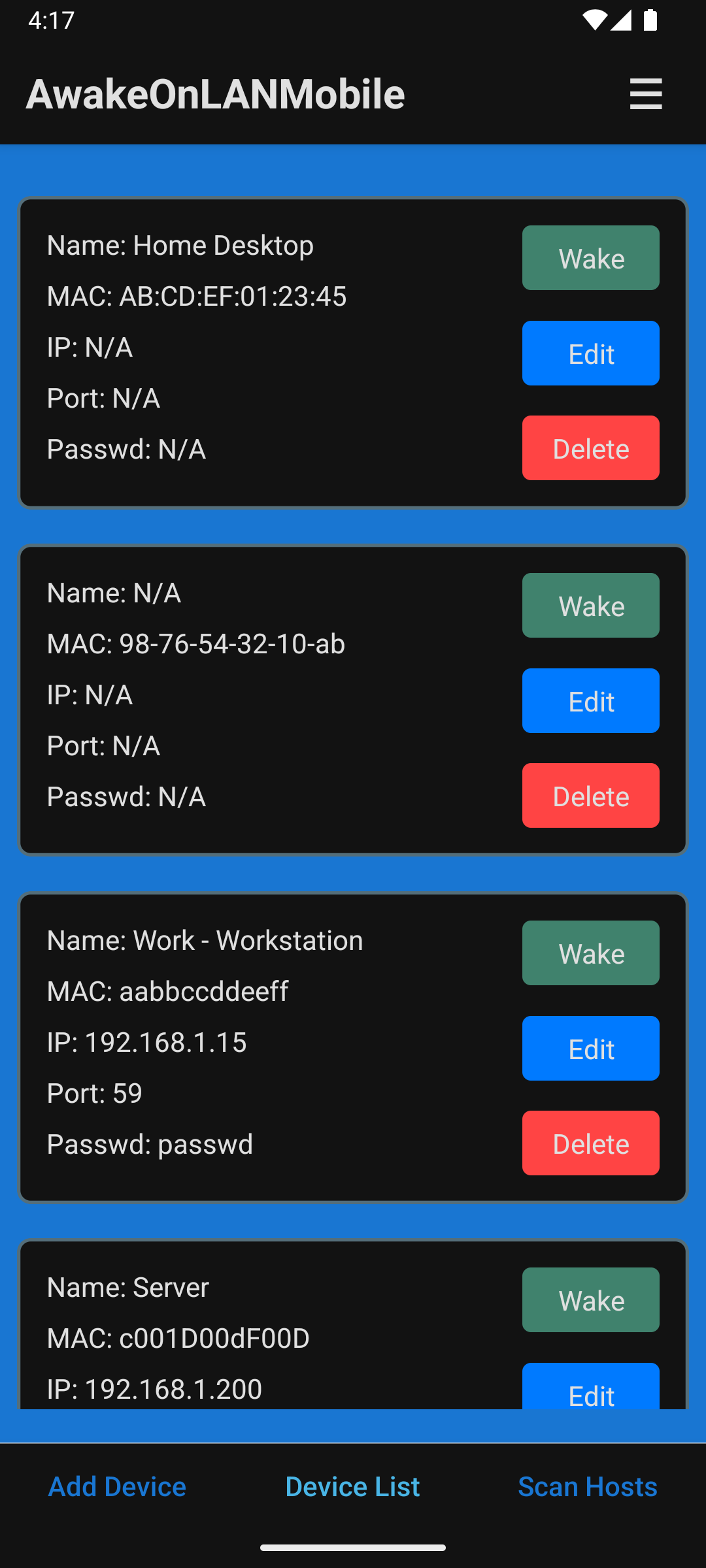 Screenshot of AwakeOnLANMobile