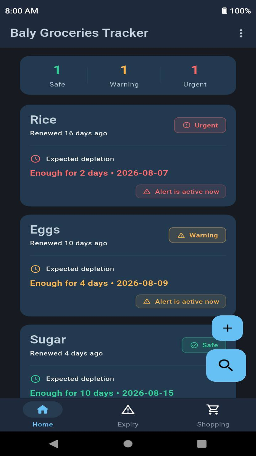 Screenshot of Baly Groceries Tracker