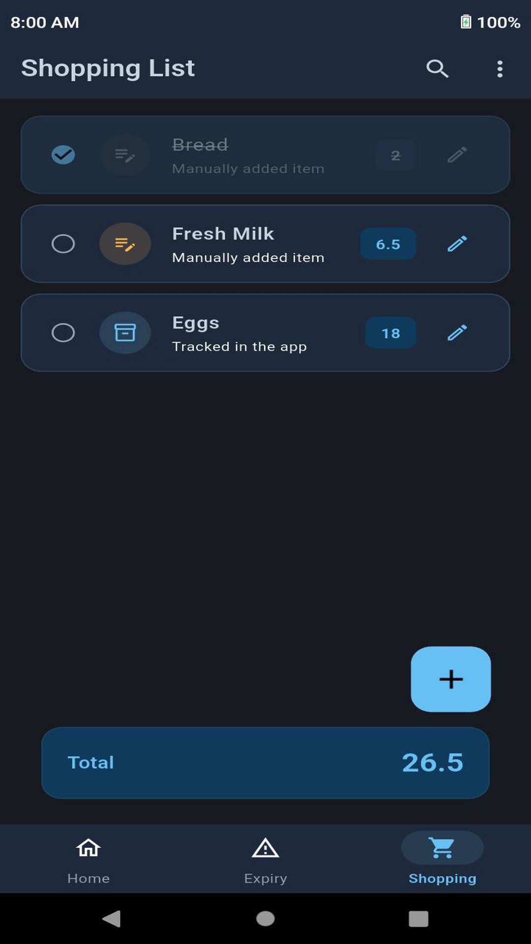 Screenshot of Baly Groceries Tracker