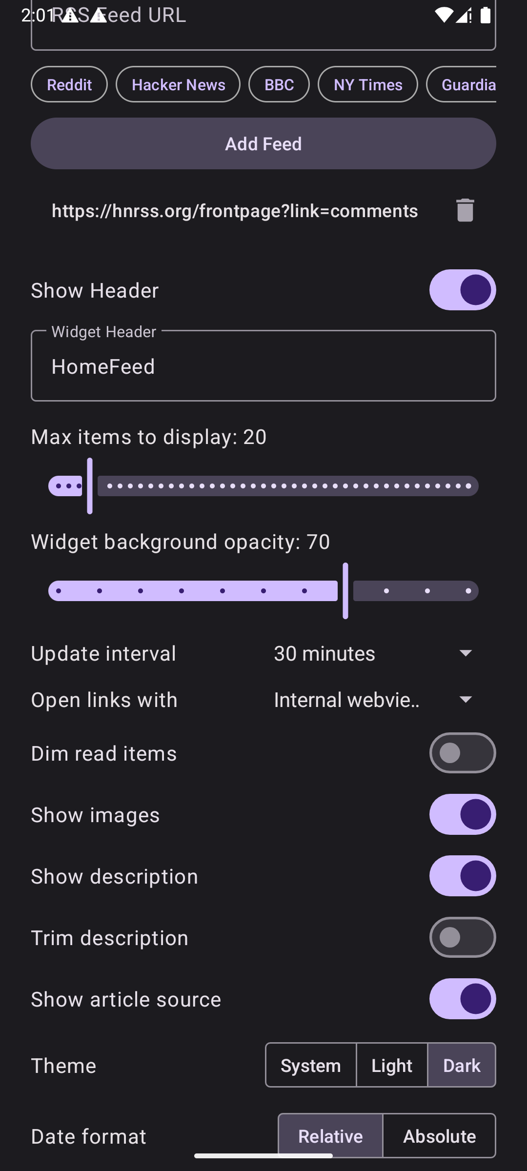 Screenshot of HomeFeed - RSS Widget
