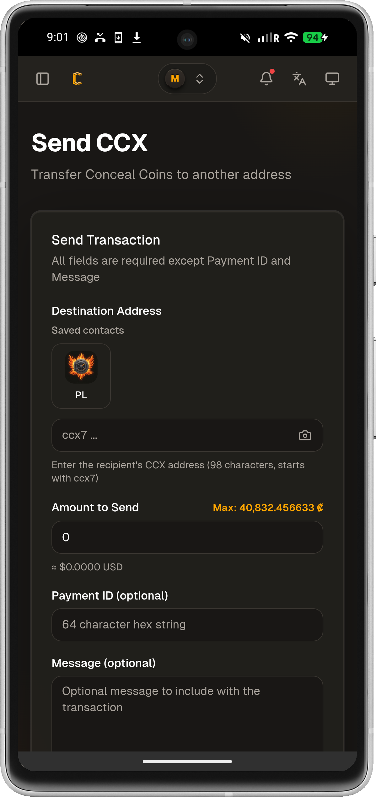 Screenshot of Conceal Mobile