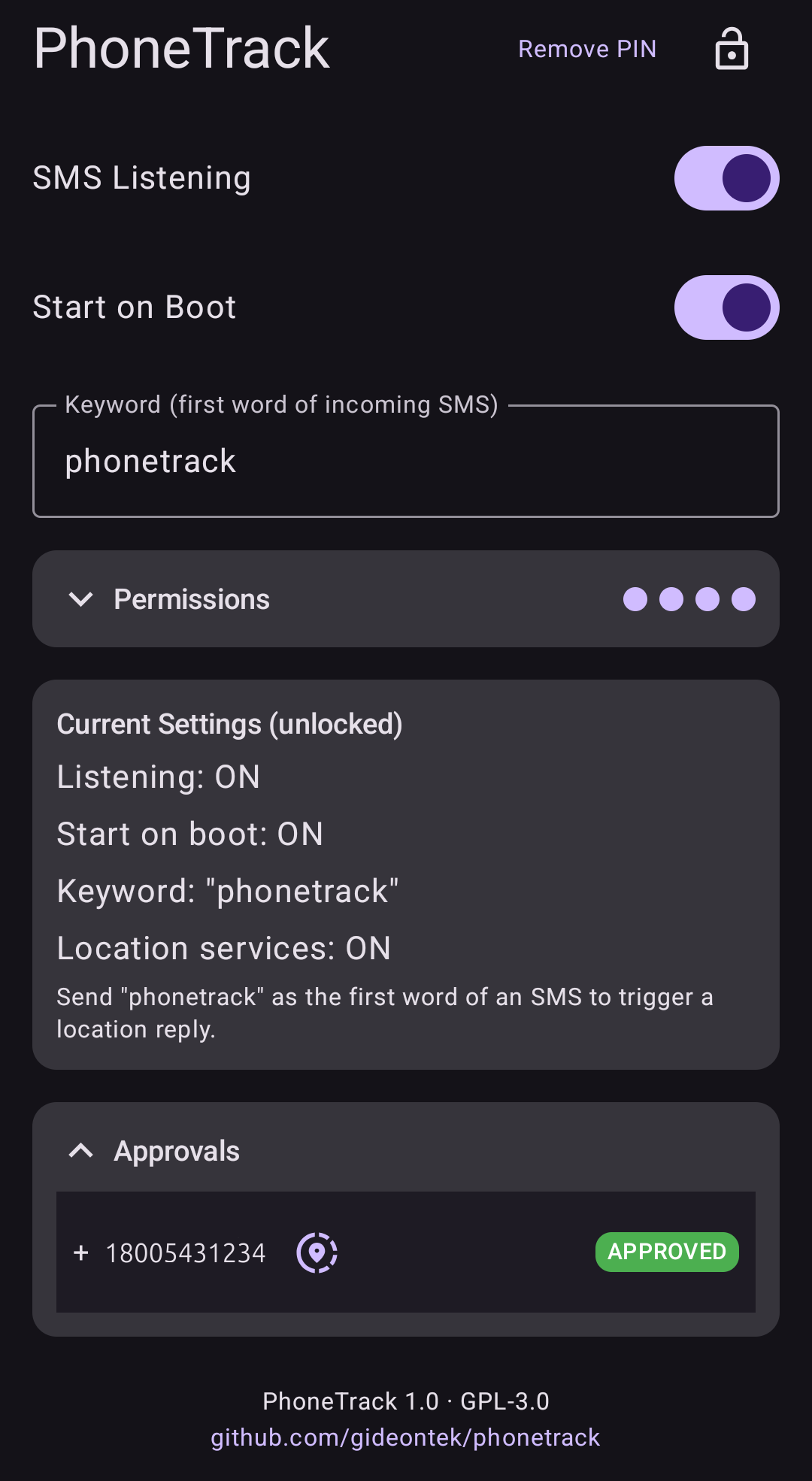 Screenshot of PhoneTrack SMS