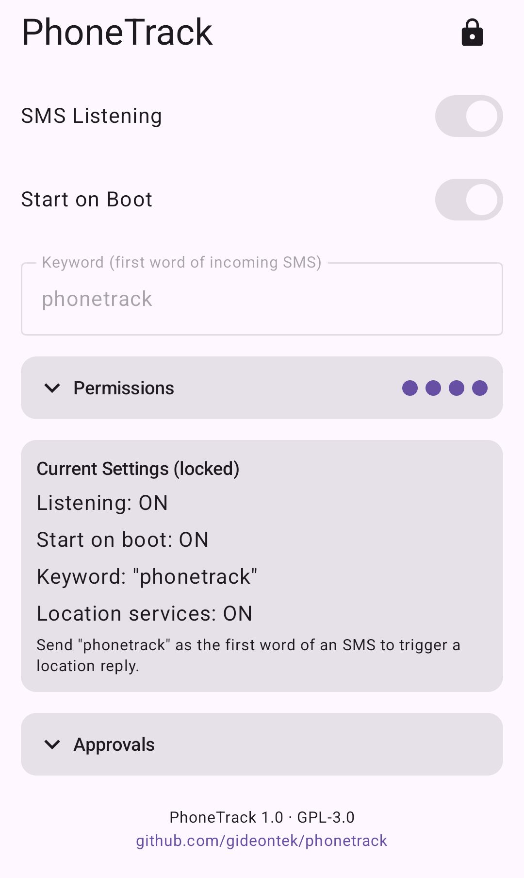Screenshot of PhoneTrack SMS