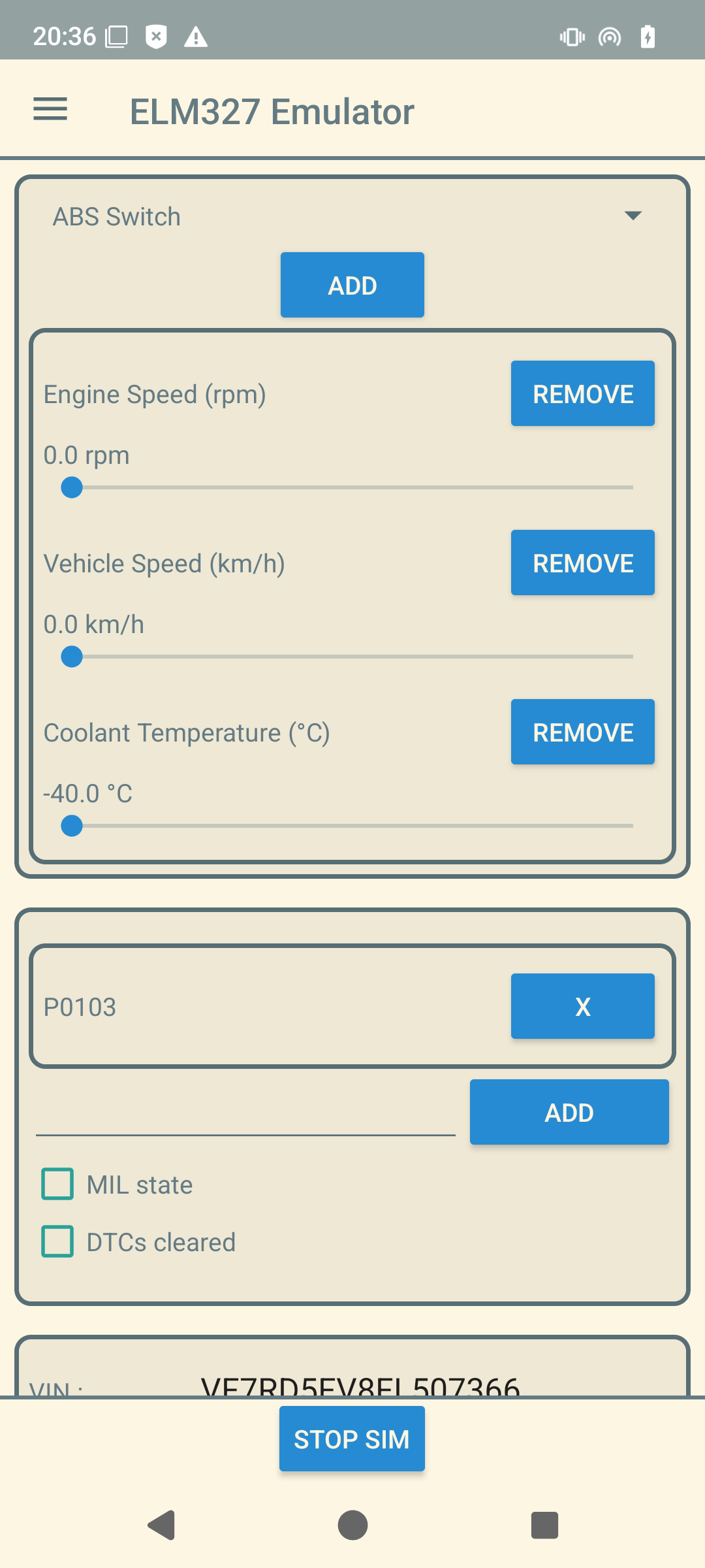 Screenshot of ELM327 Emulator