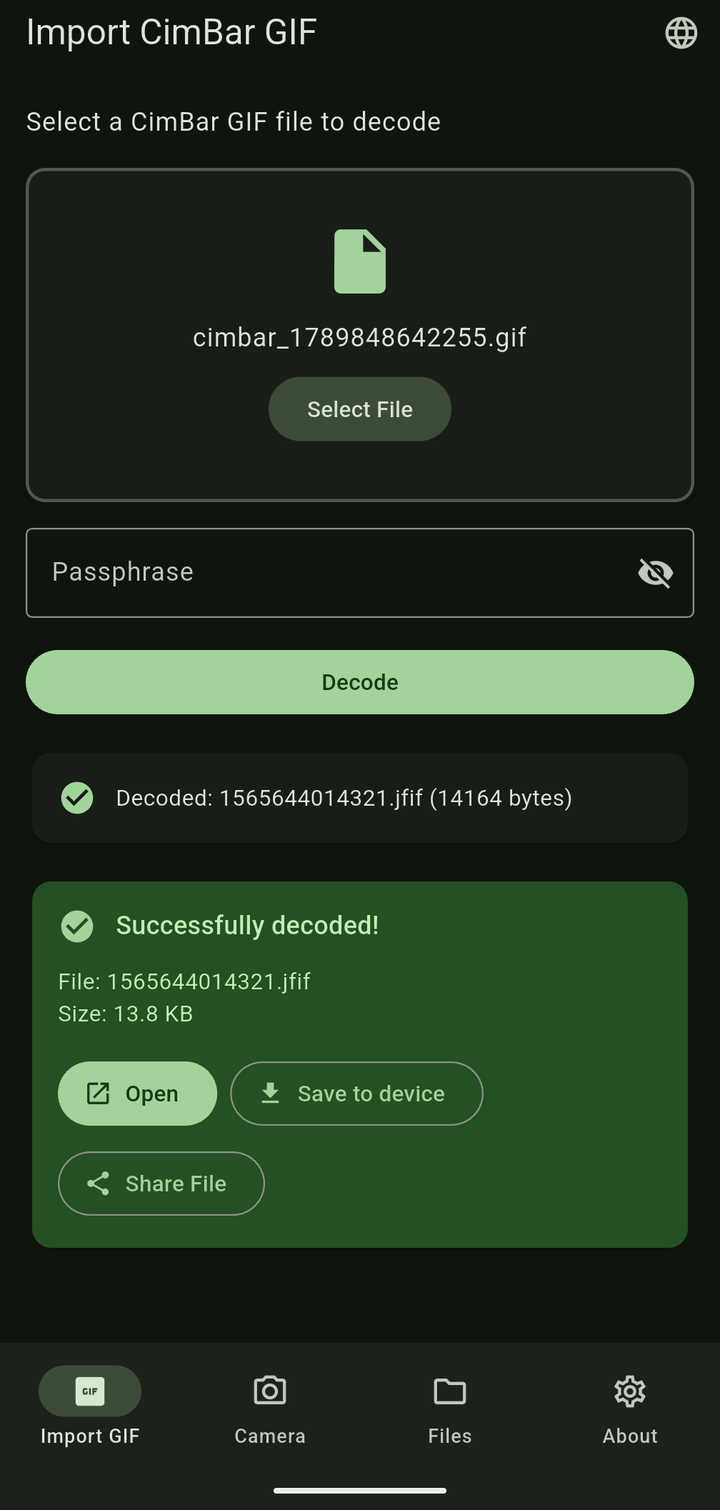Screenshot of CimBar Scanner