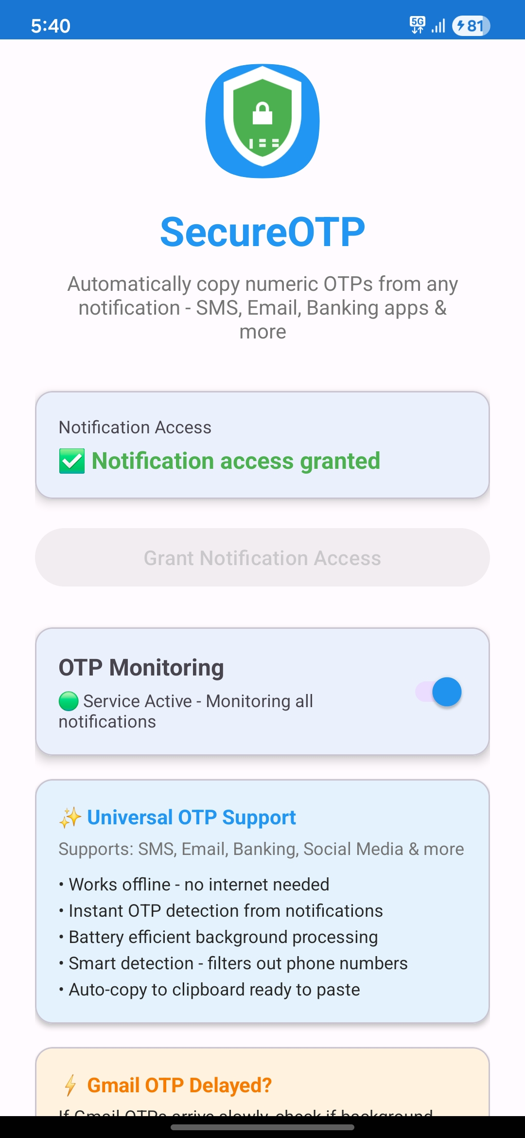 Screenshot of SecureOTP - Universal OTP Extractor