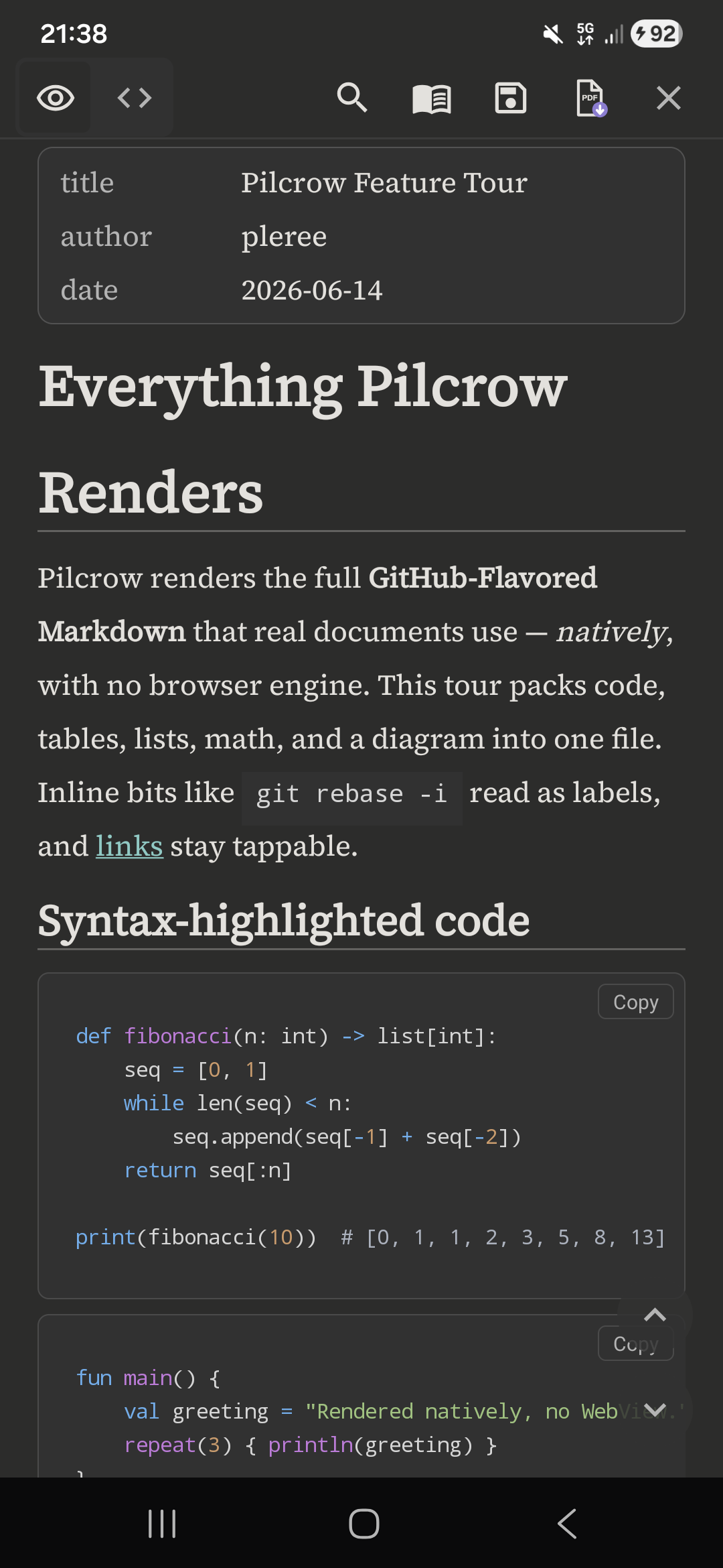 Screenshot of Markdown Reader — Pilcrow