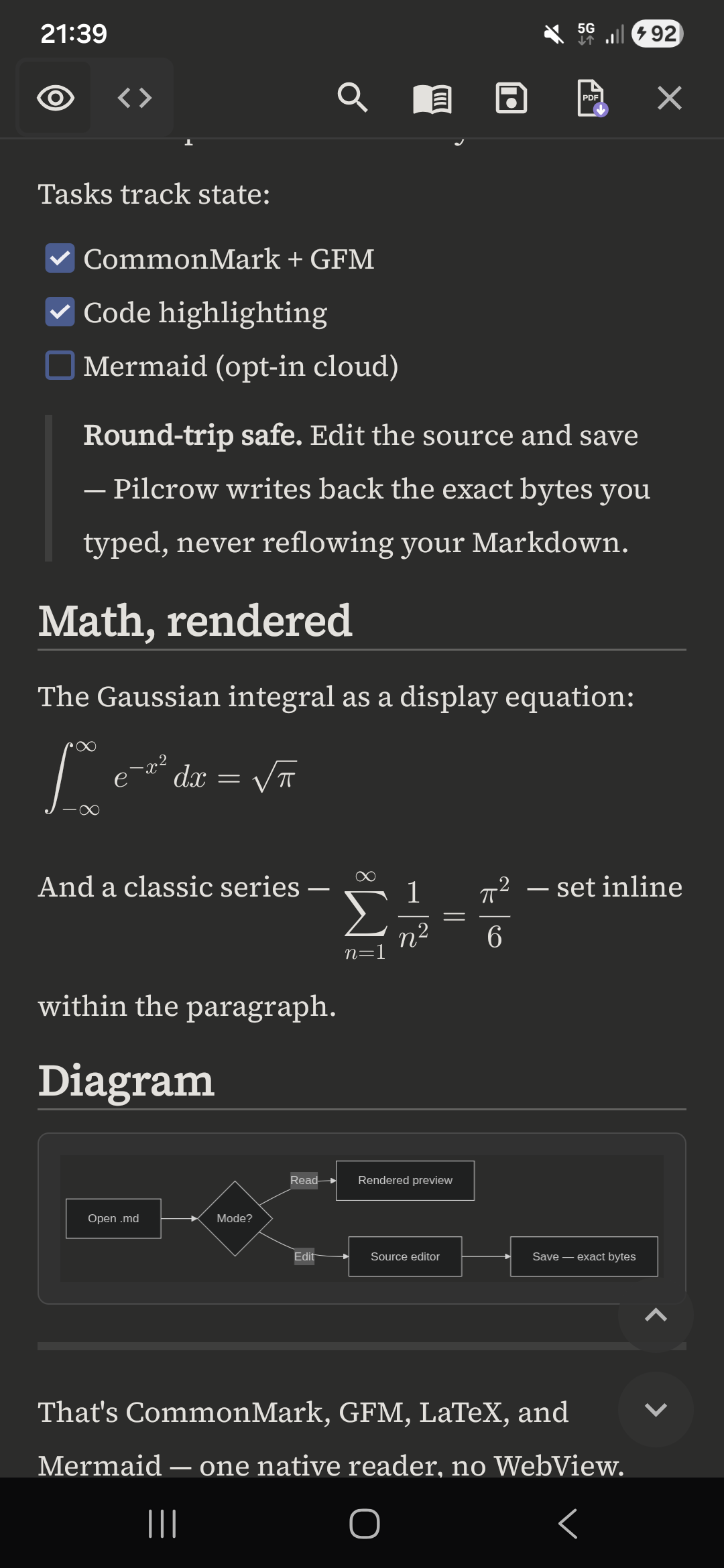 Screenshot of Markdown Reader — Pilcrow