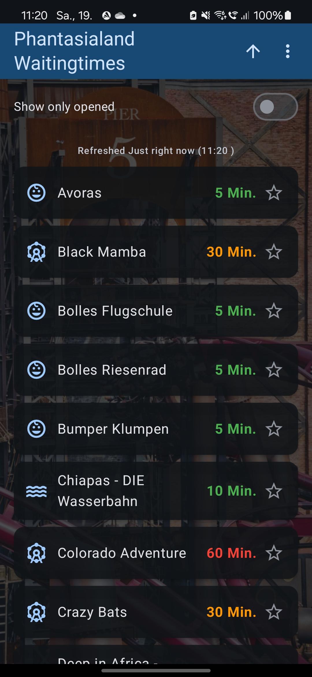Screenshot of Phantasialand Wait Times