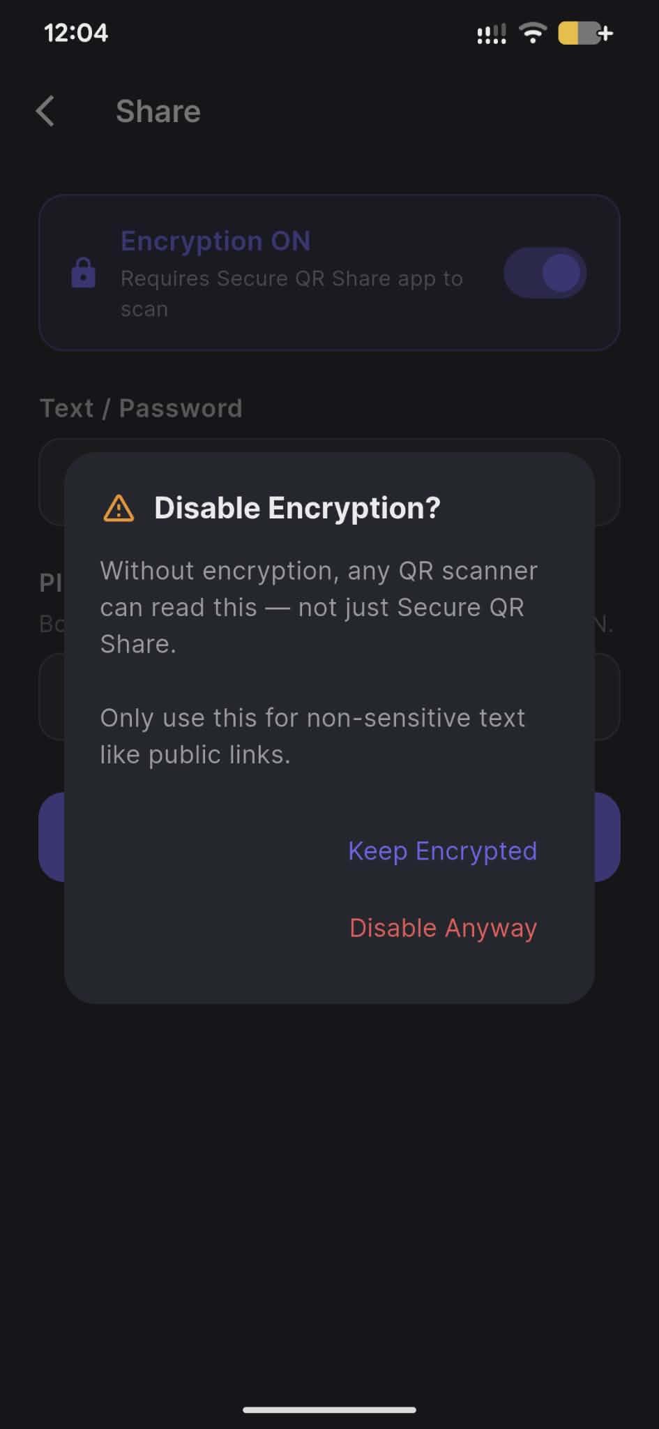 Screenshot of Secure QR Share