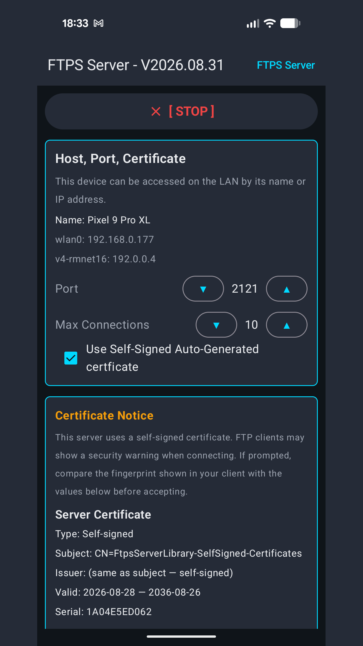 Screenshot of FTPS Server