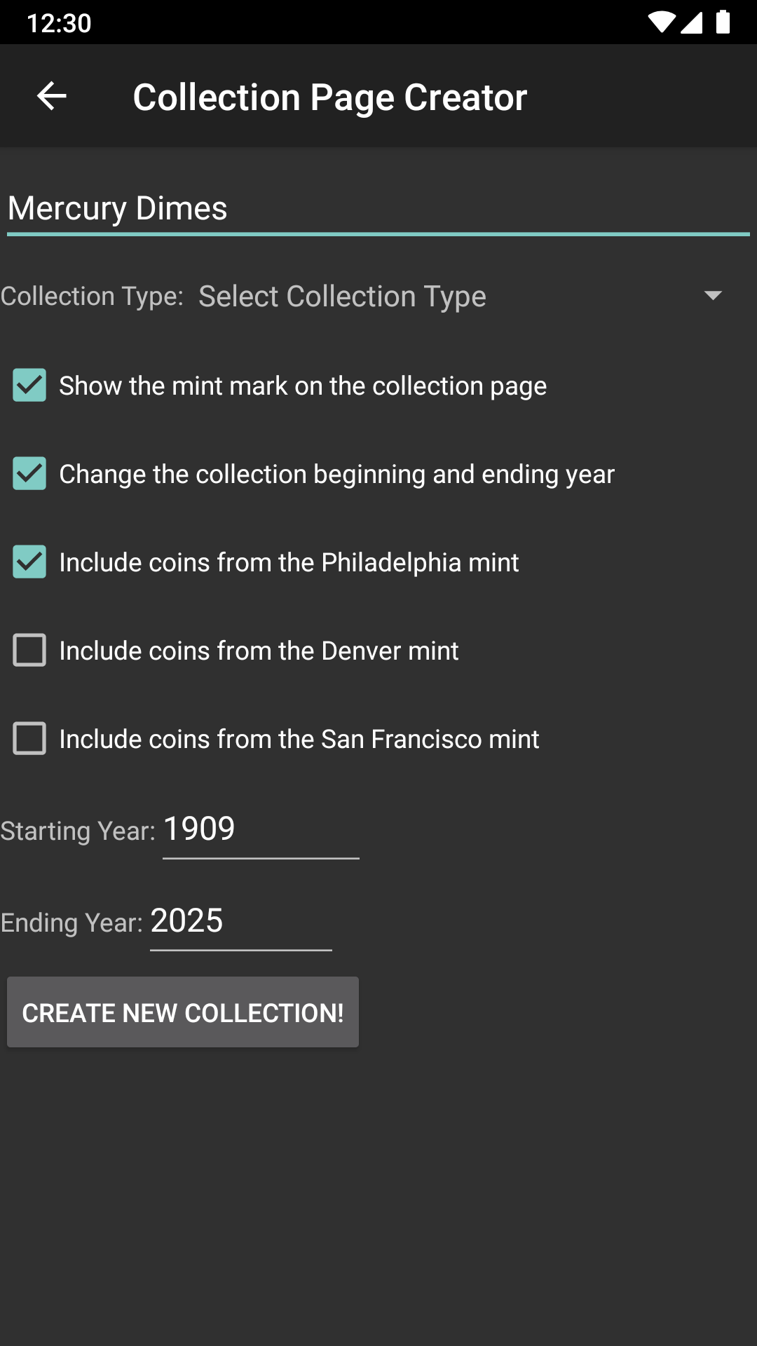 Screenshot of Coin Collection