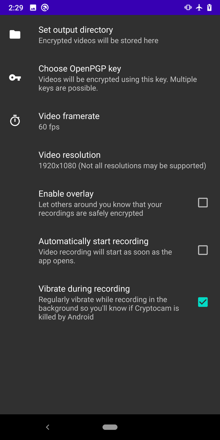 Screenshot of Cryptocam - encrypting camera app