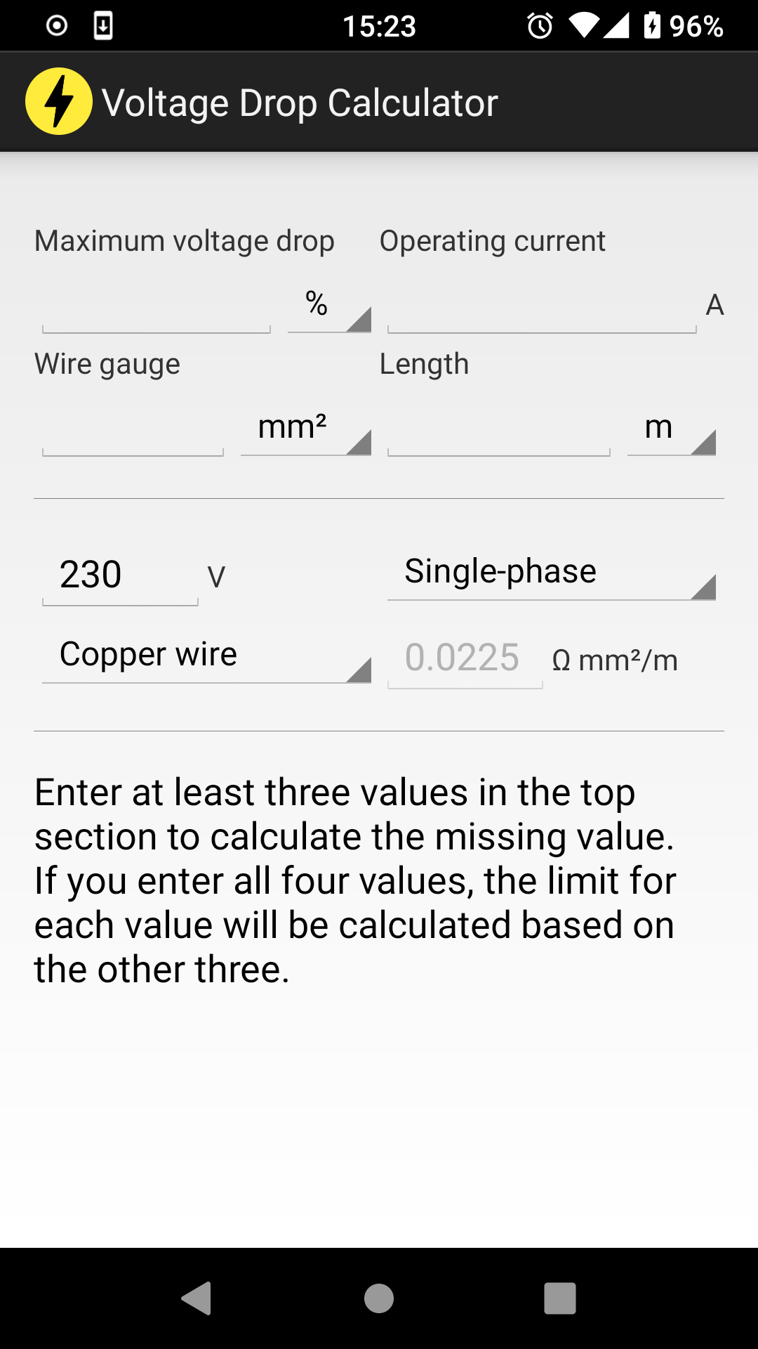 Screenshot of Voltage Drop Calculator