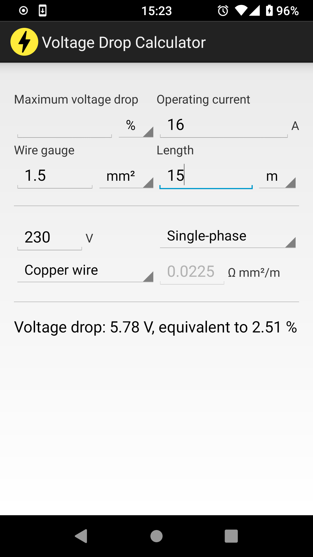 Screenshot of Voltage Drop Calculator
