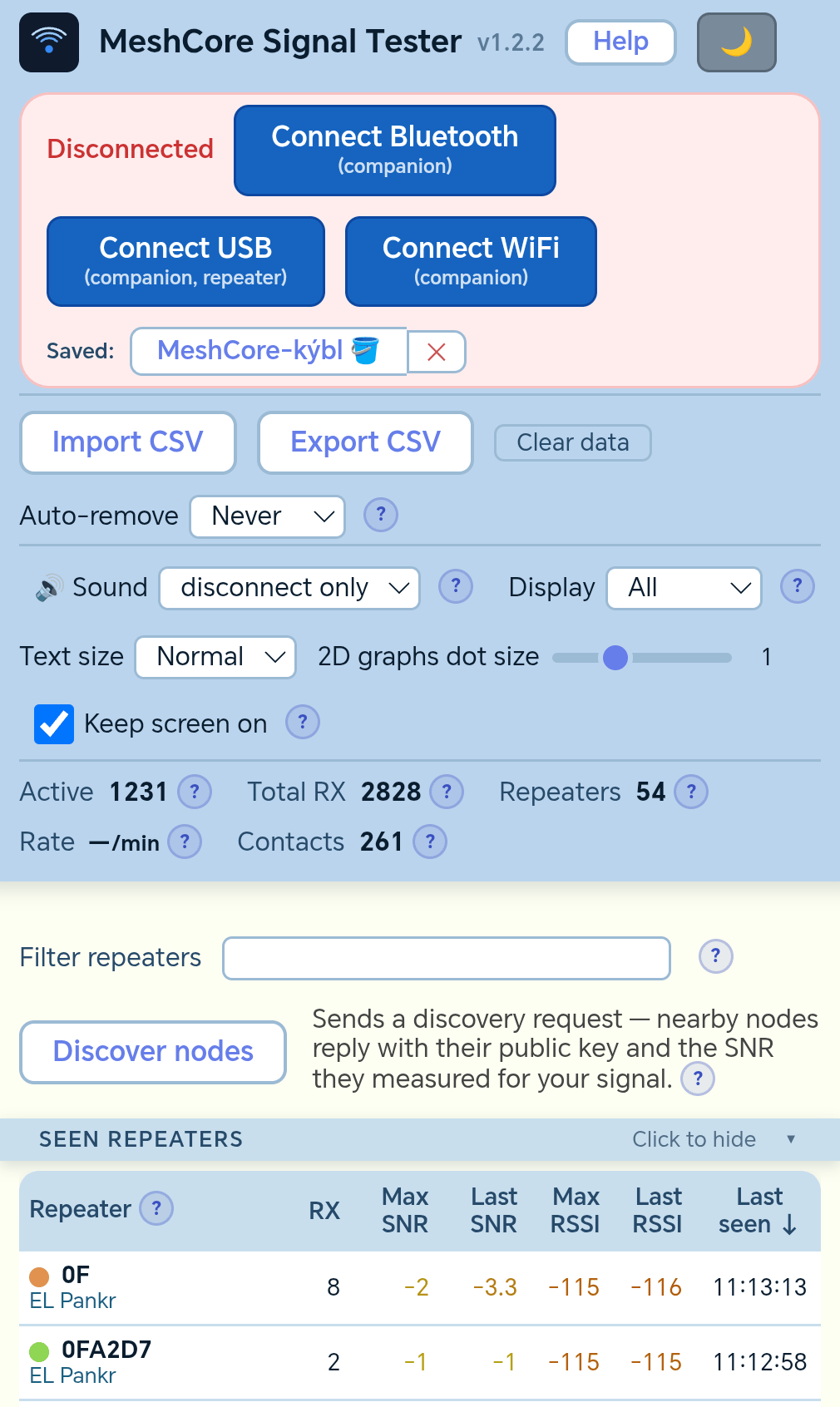 Screenshot of MeshCore Signal Tester