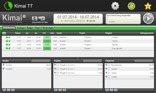 Screenshot of Kimai TimeTracker﻿