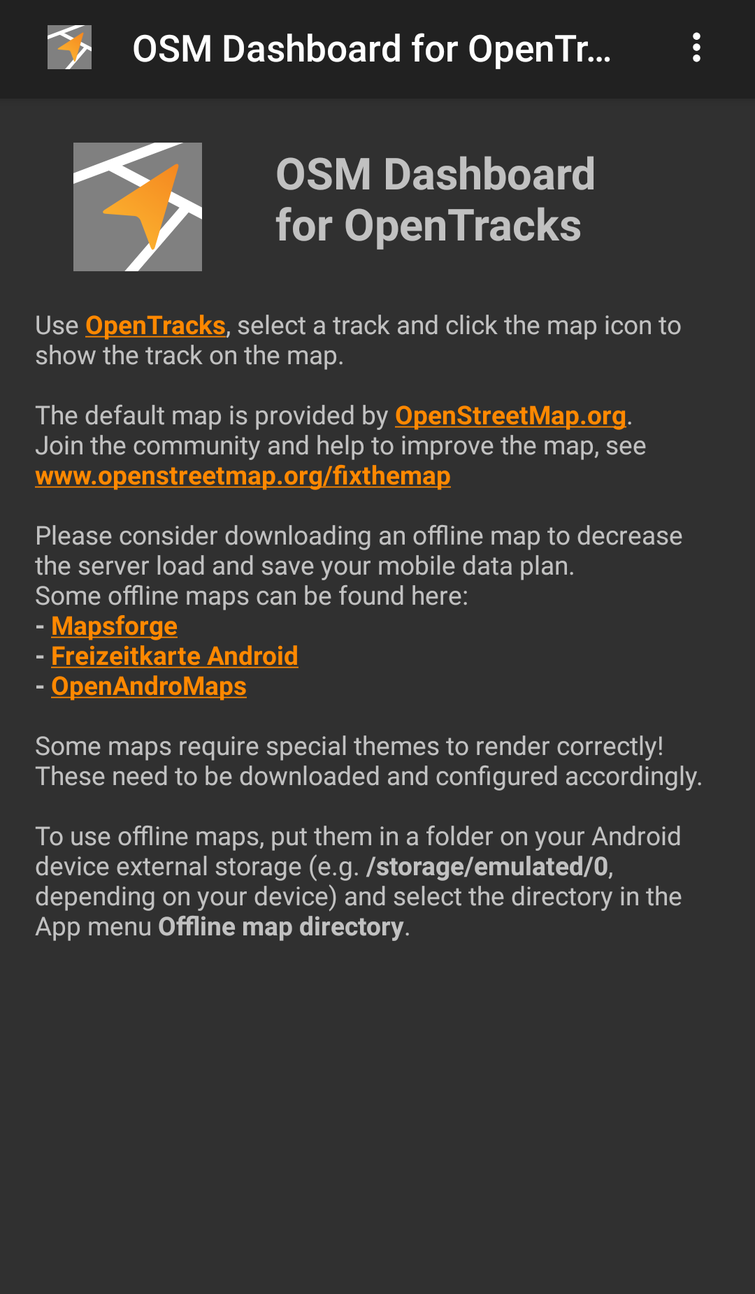 Screenshot of OSM Dashboard Offline for OpenTracks