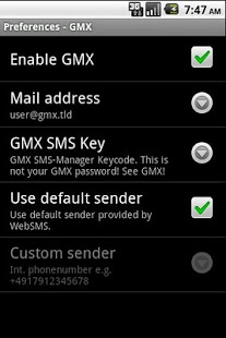 Screenshot of WebSMS Connector: GMX