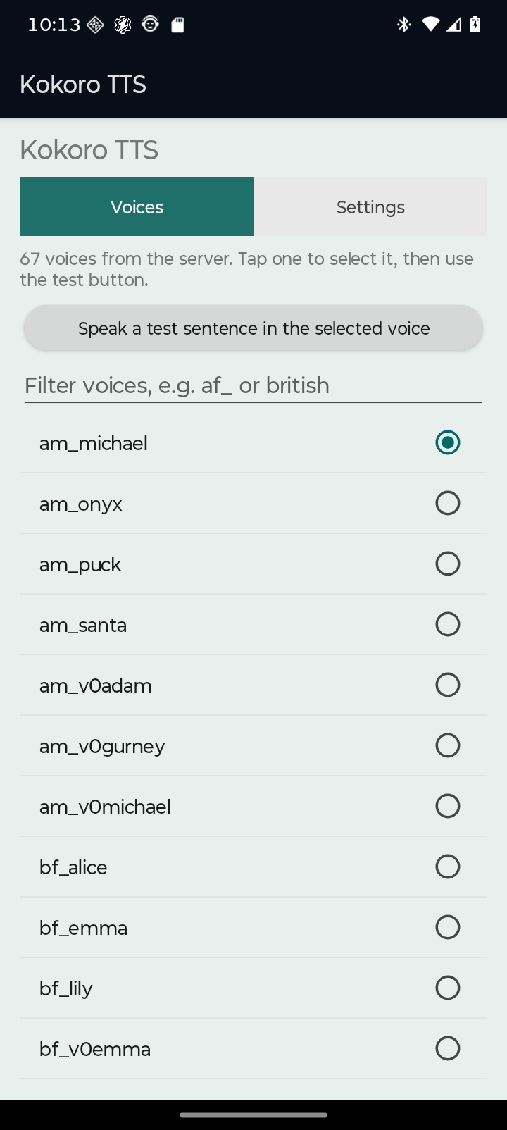 Screenshot of Kokoro Android system TTS driver