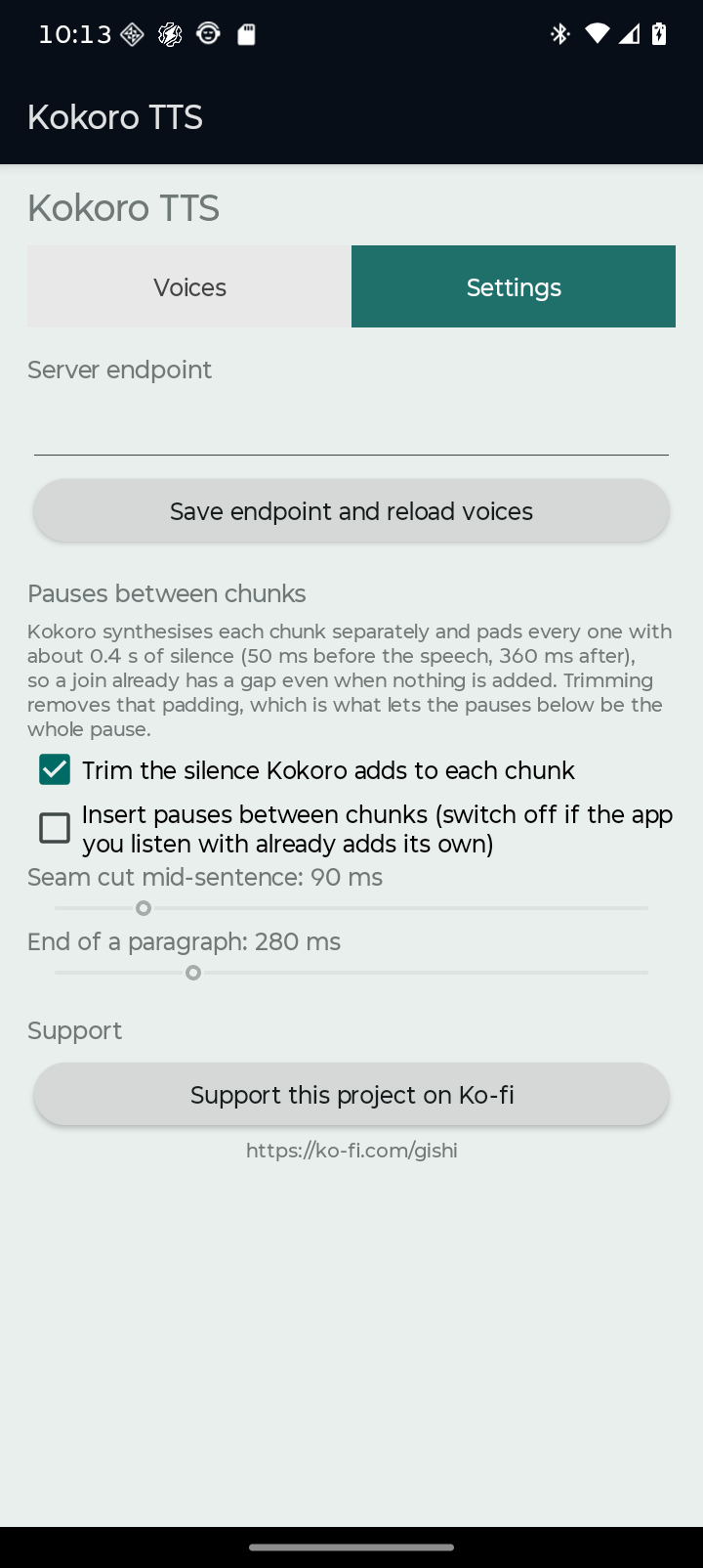 Screenshot of Kokoro Android system TTS driver