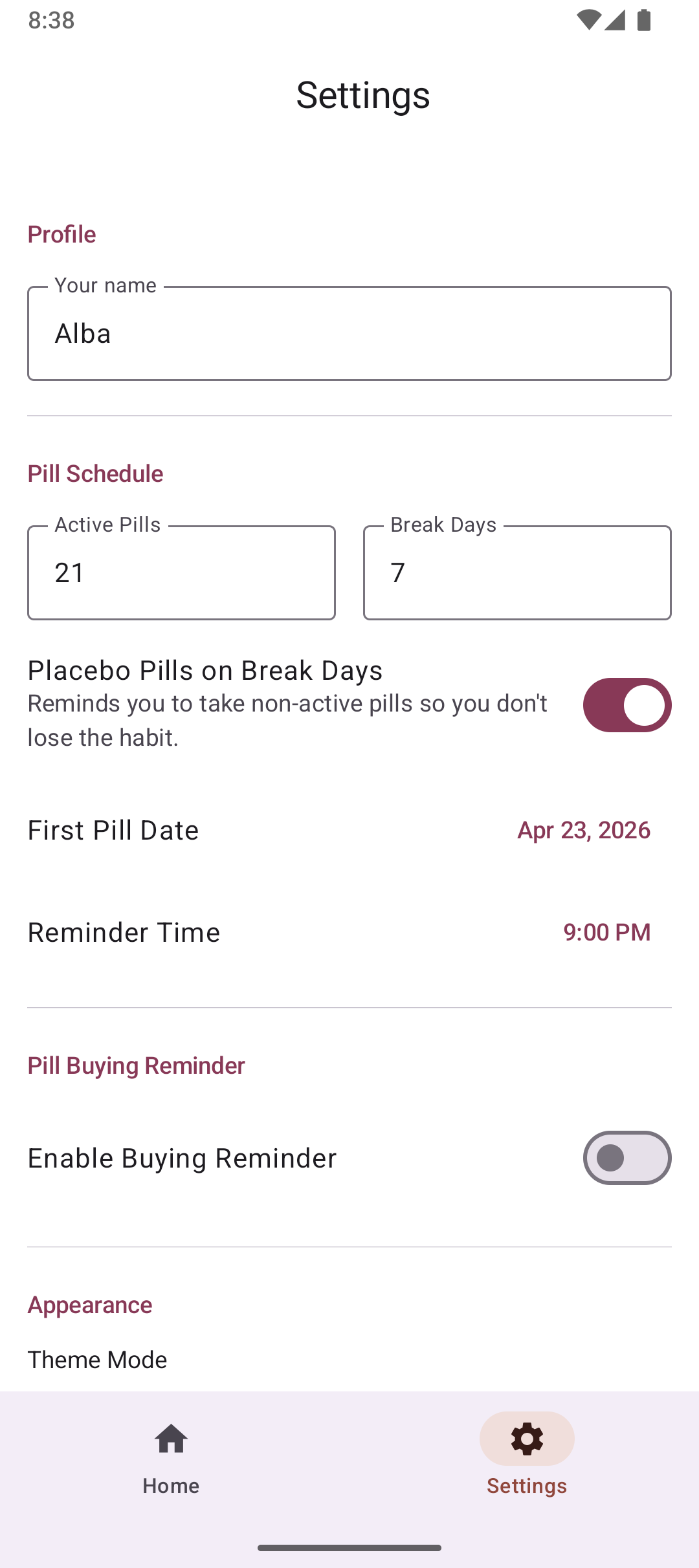 Screenshot of OpenPillReminder: Birth Control Pill Tracker