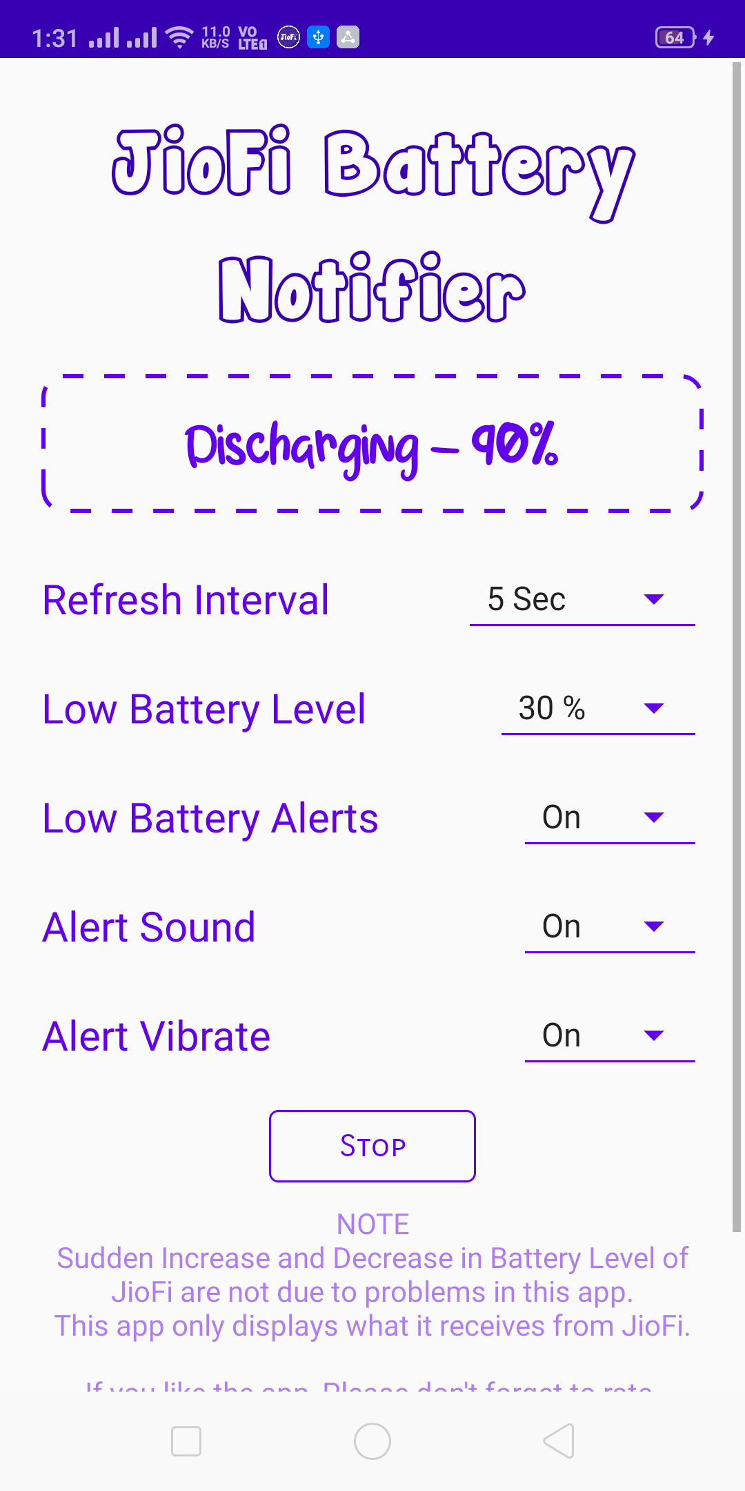 Screenshot of JioFi Battery Notifier