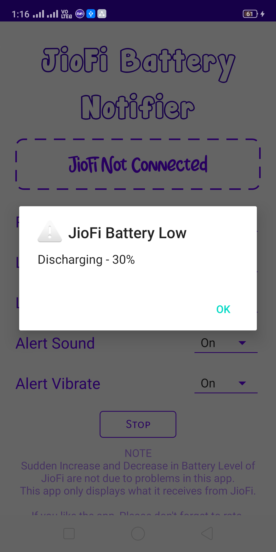Screenshot of JioFi Battery Notifier