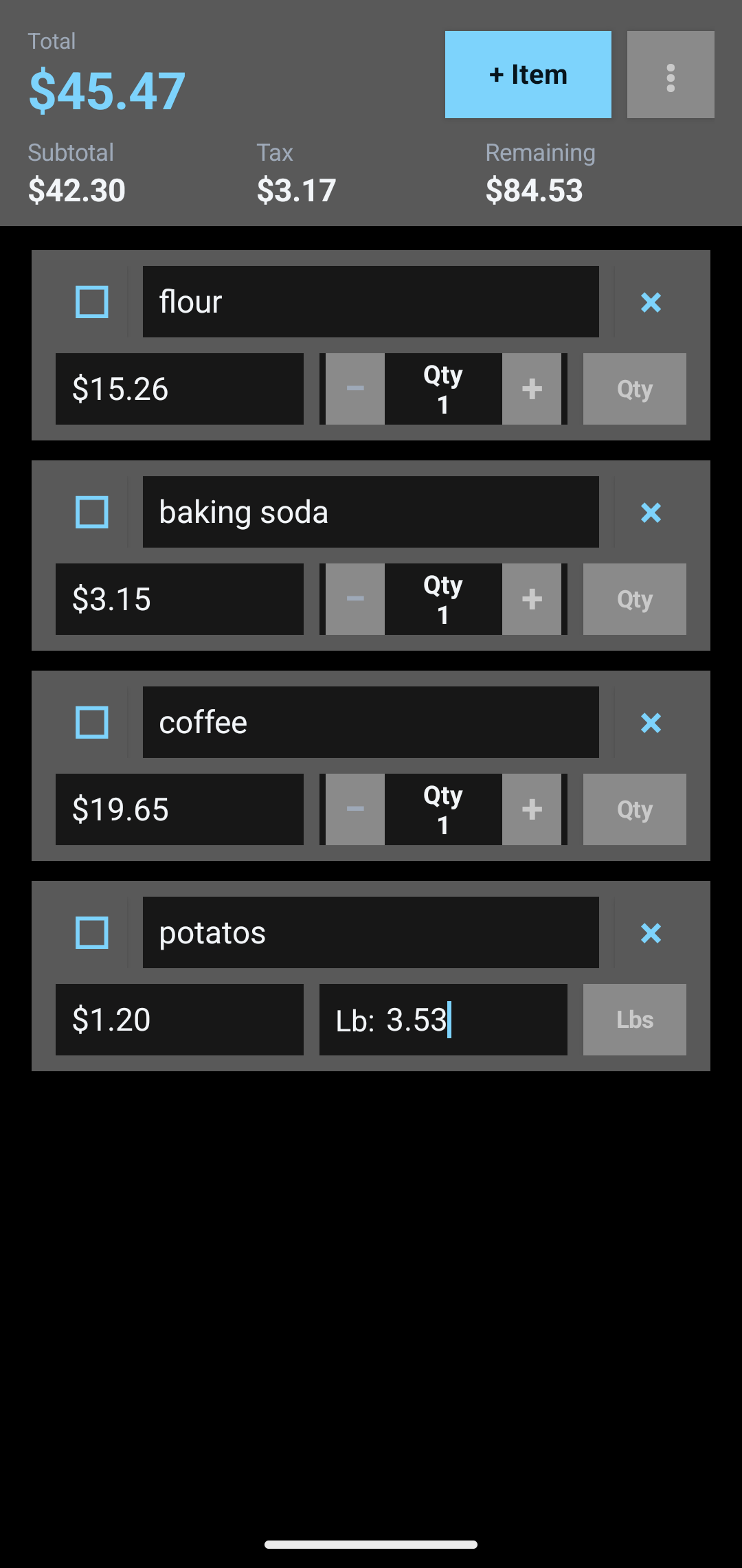 Screenshot of Shopping List Calculator