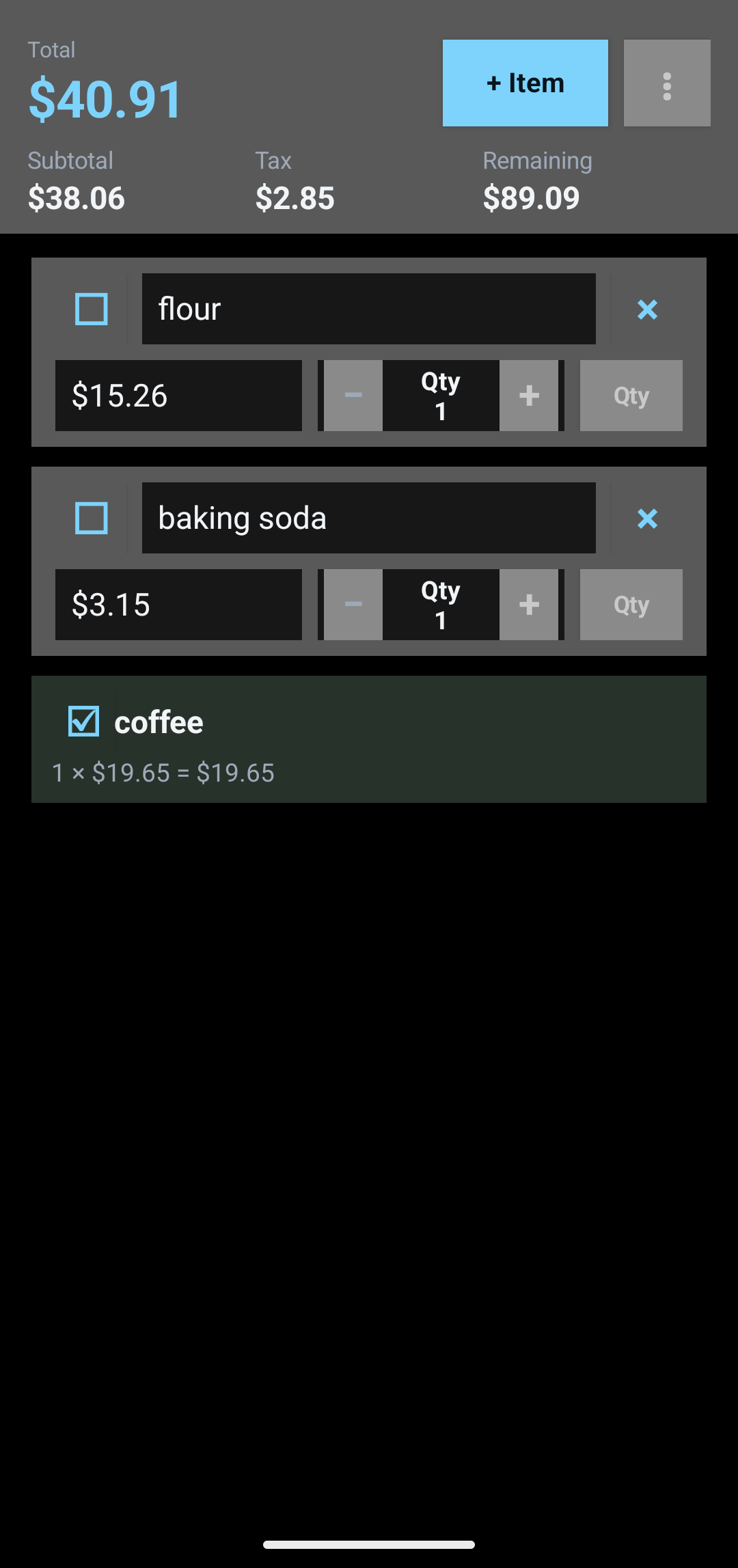Screenshot of Shopping List Calculator