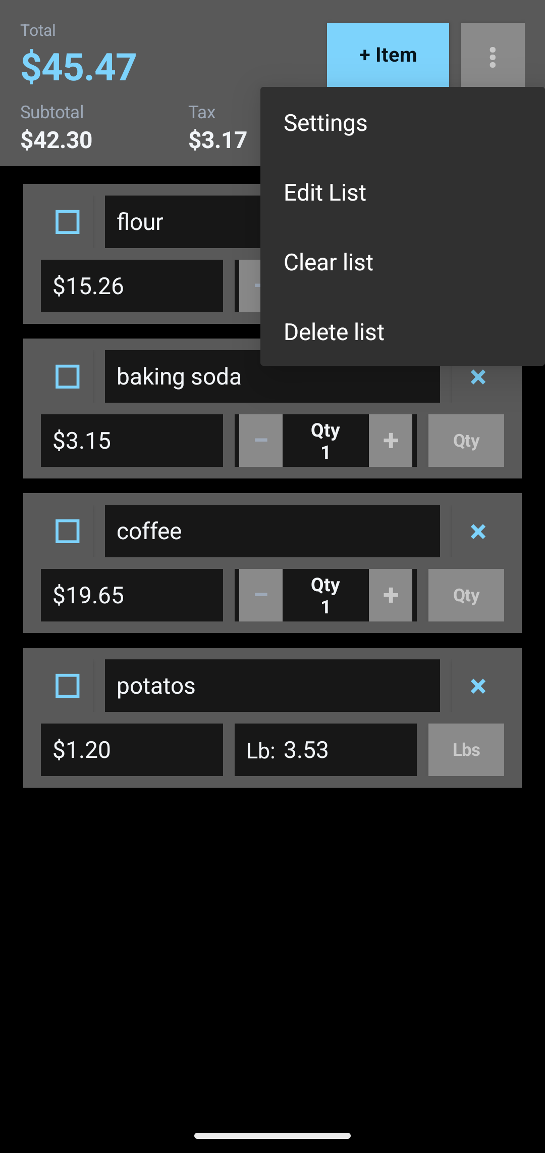 Screenshot of Shopping List Calculator
