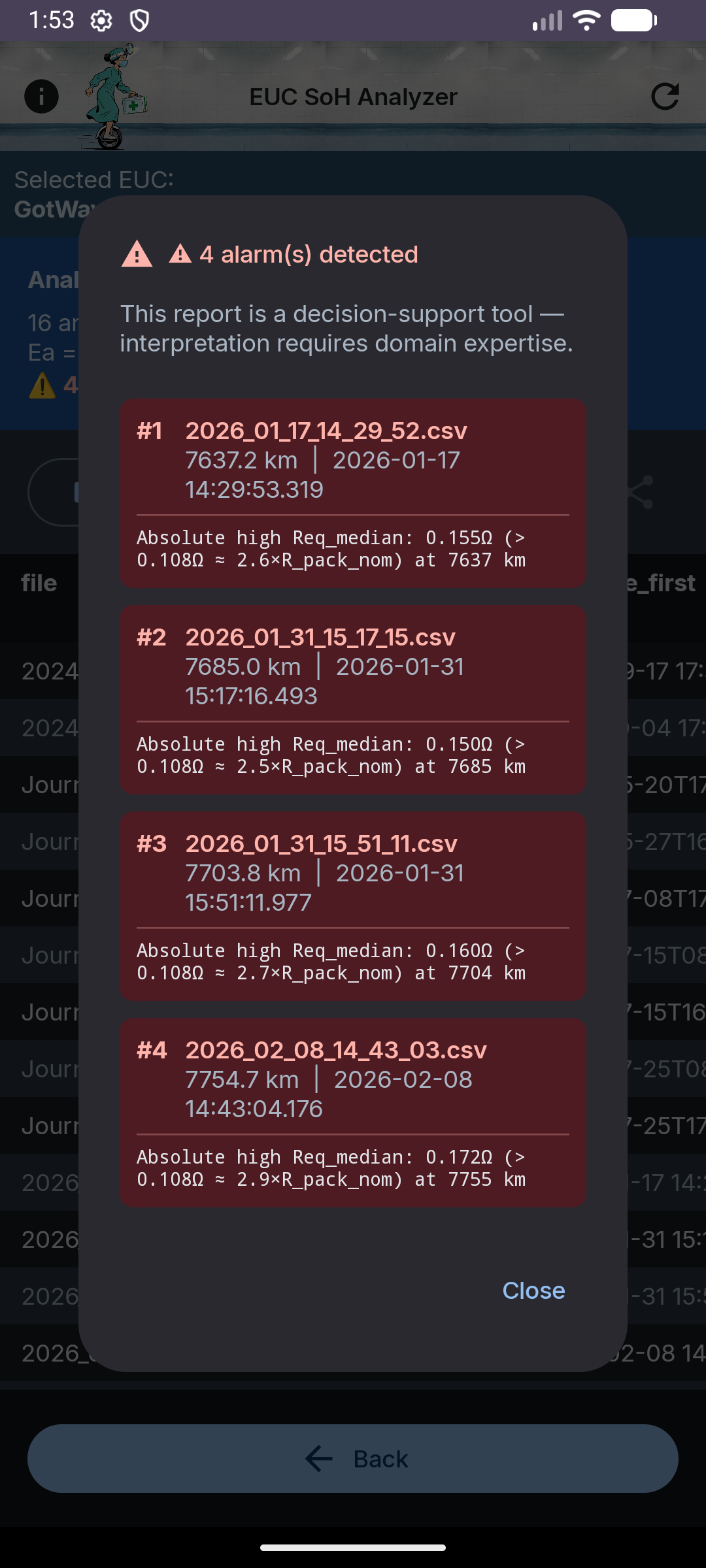 Screenshot of EUC State Of Health Analyzer