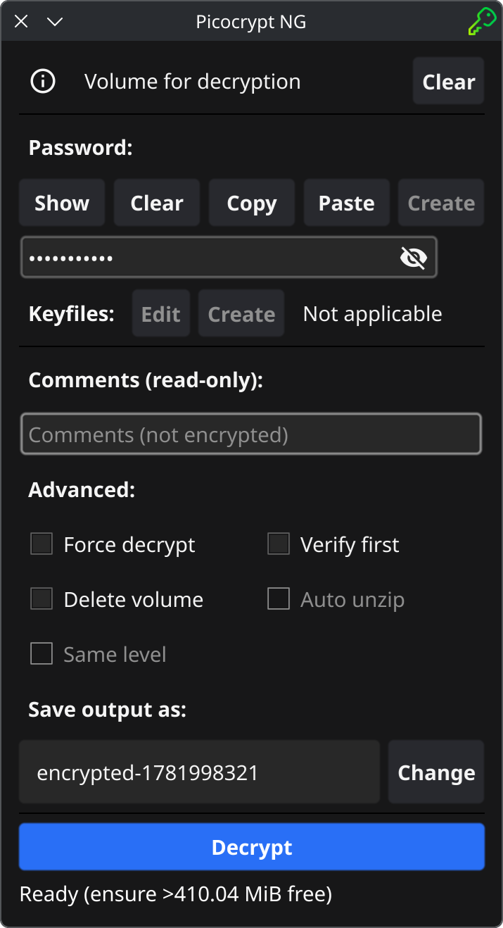 Screenshot of Picocrypt-NG