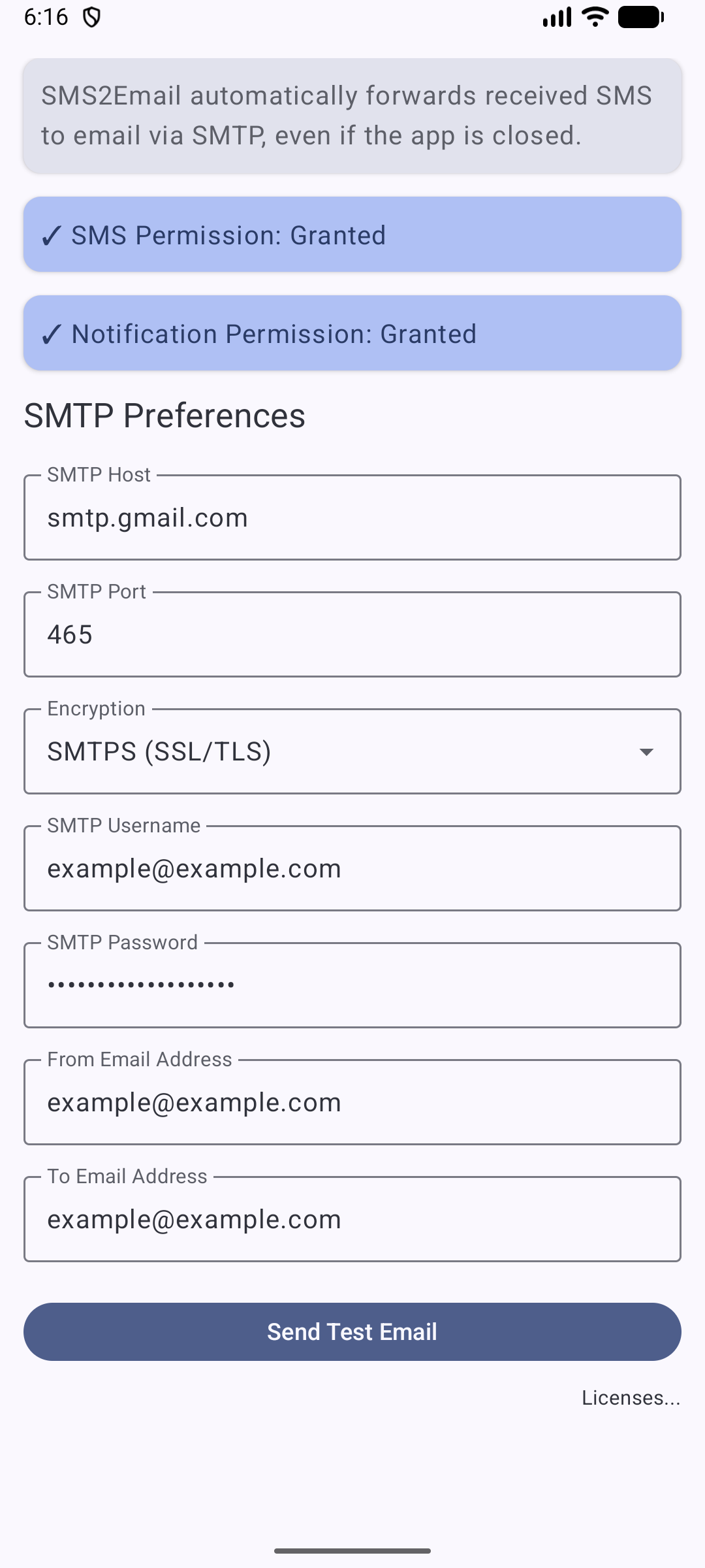 Screenshot of SMS2Email