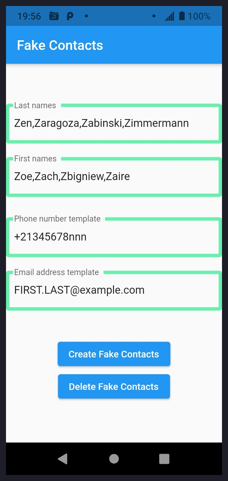 Screenshot of Fake Contacts