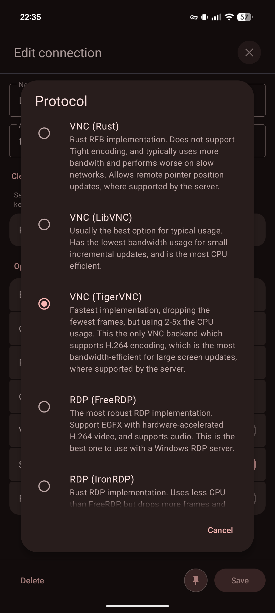 Screenshot of Vento VNC/RDP Client