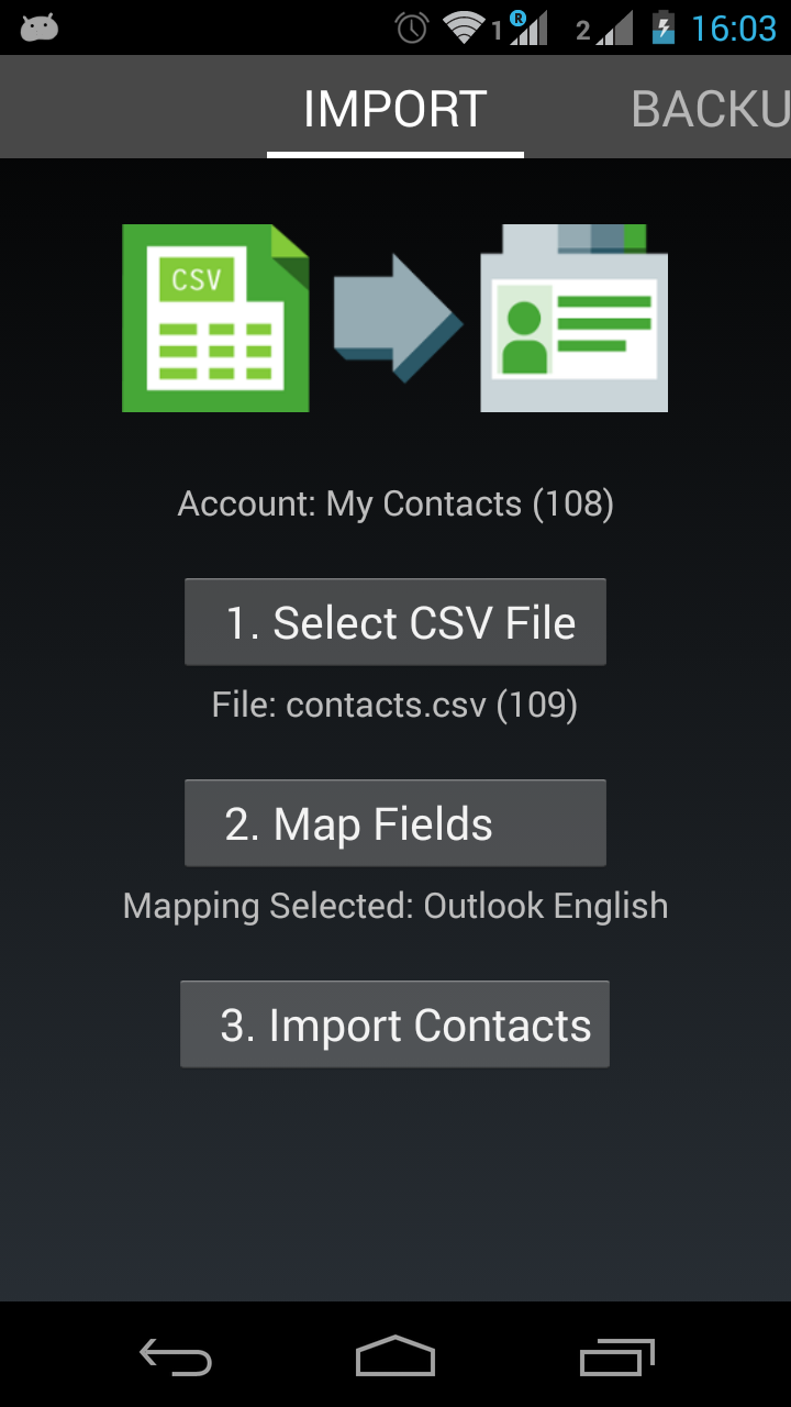 Screenshot of Contacts Import