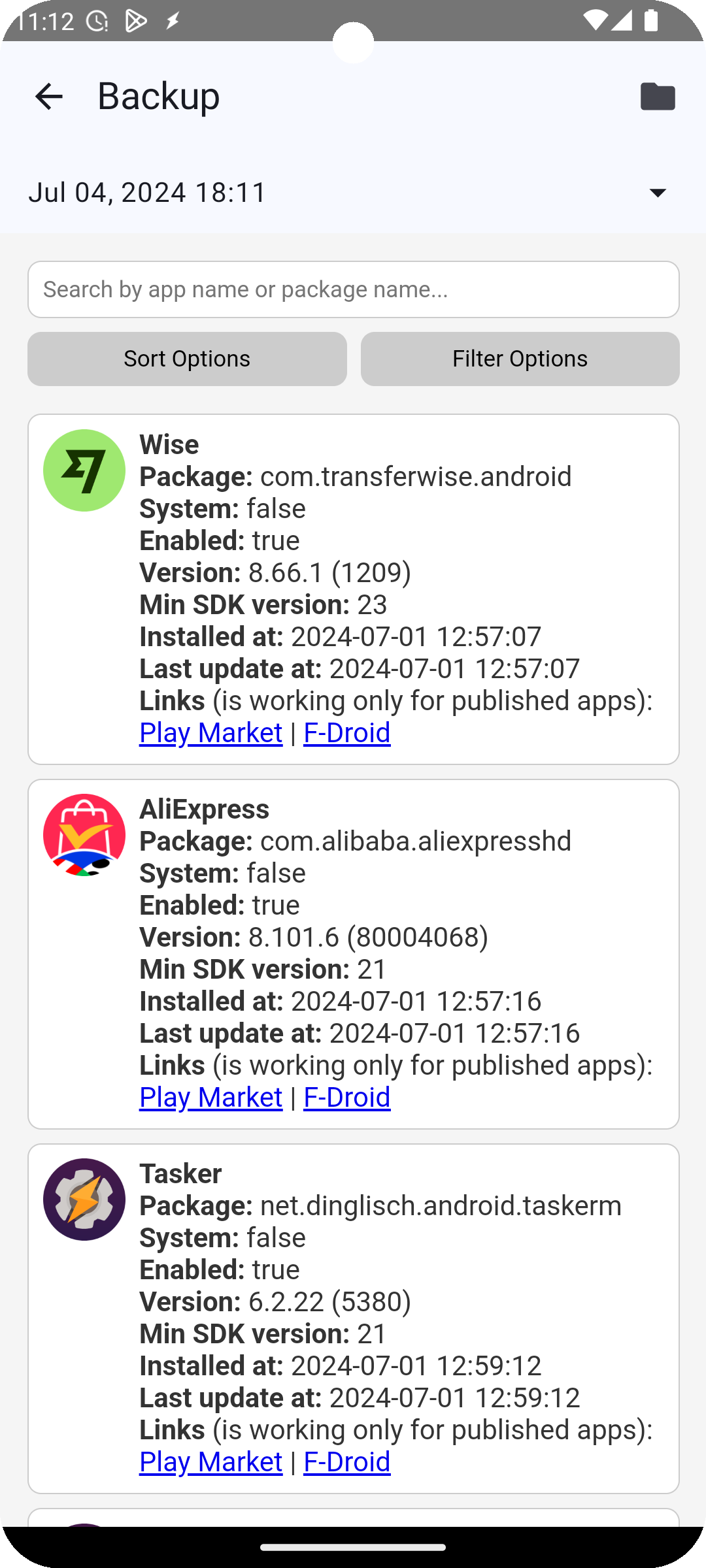 Screenshot of AppListBackup