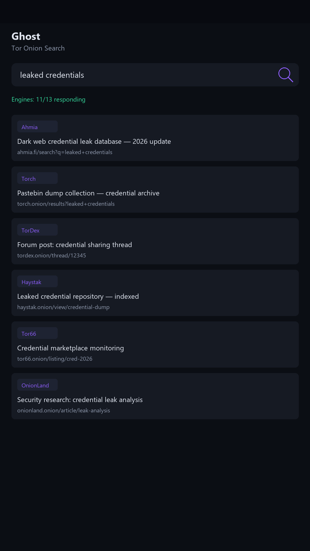 Screenshot of Ghost — Onion Search