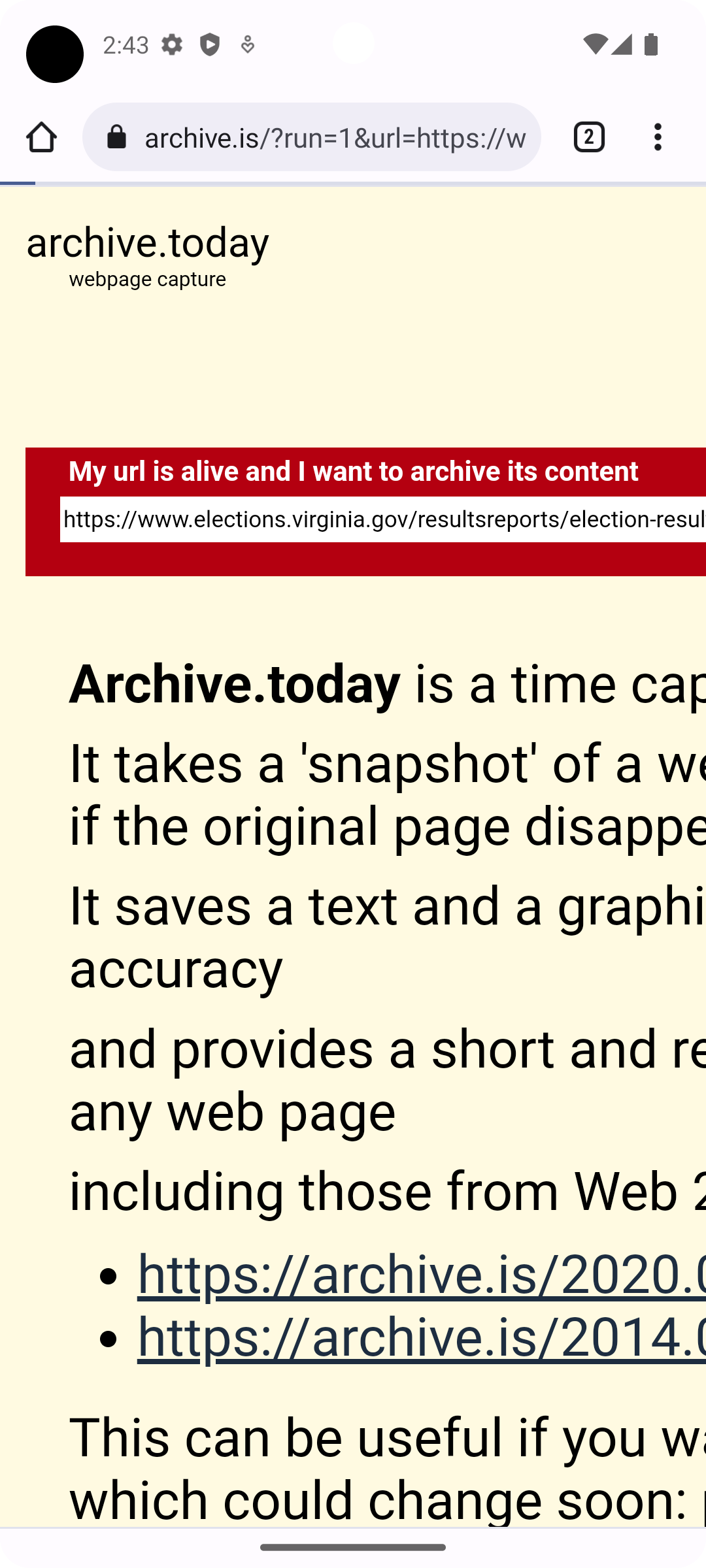 Screenshot of Share 2 Archive Today
