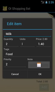 Screenshot of OI Shopping list