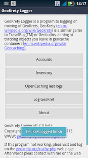 Screenshot of GeoKrety Logger