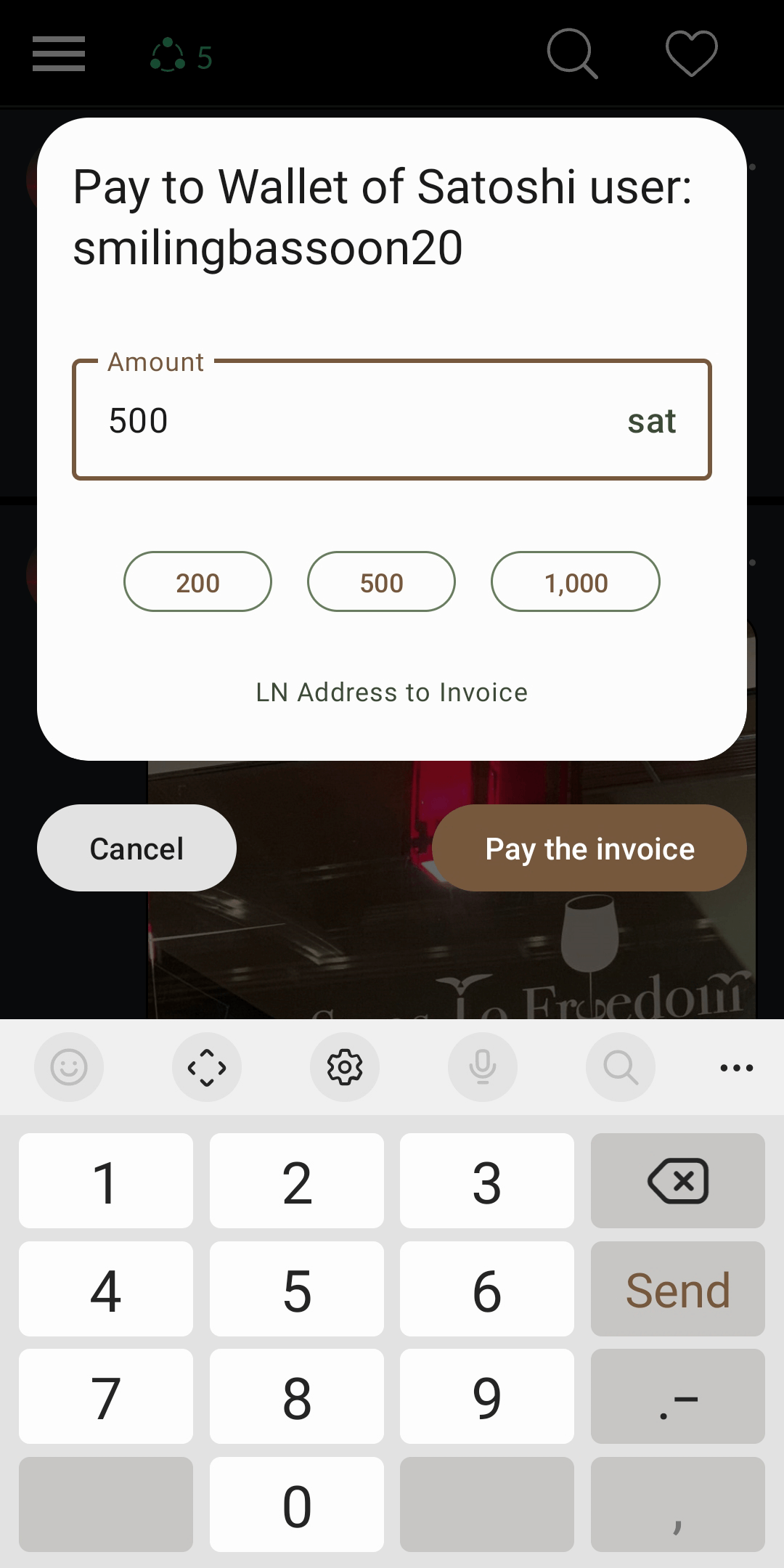 Screenshot of Lightning Address to Invoice